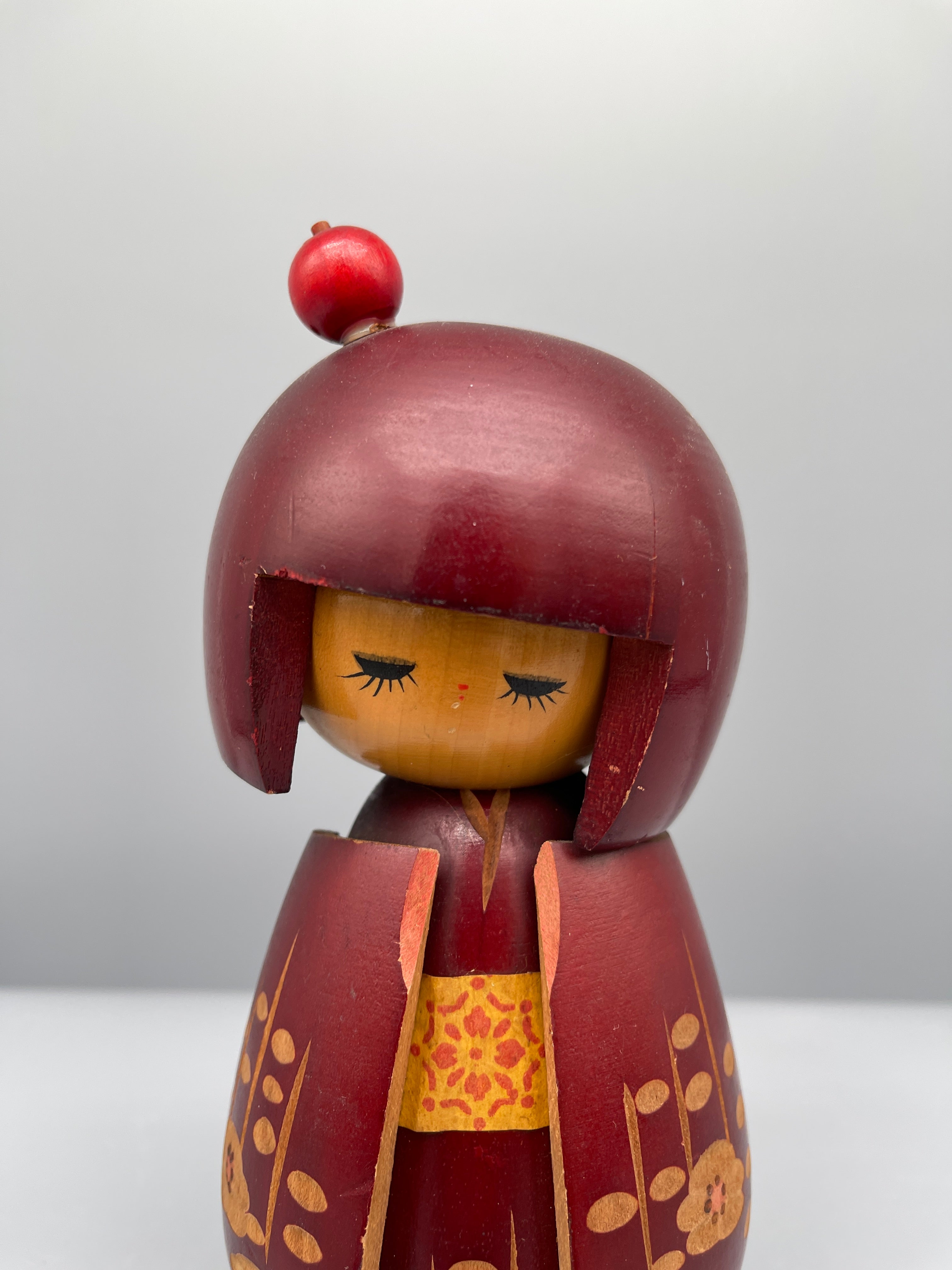 Vintage Japanese Sosaku Kokeshi Doll - Red Kimono with Blossoms | c.1960