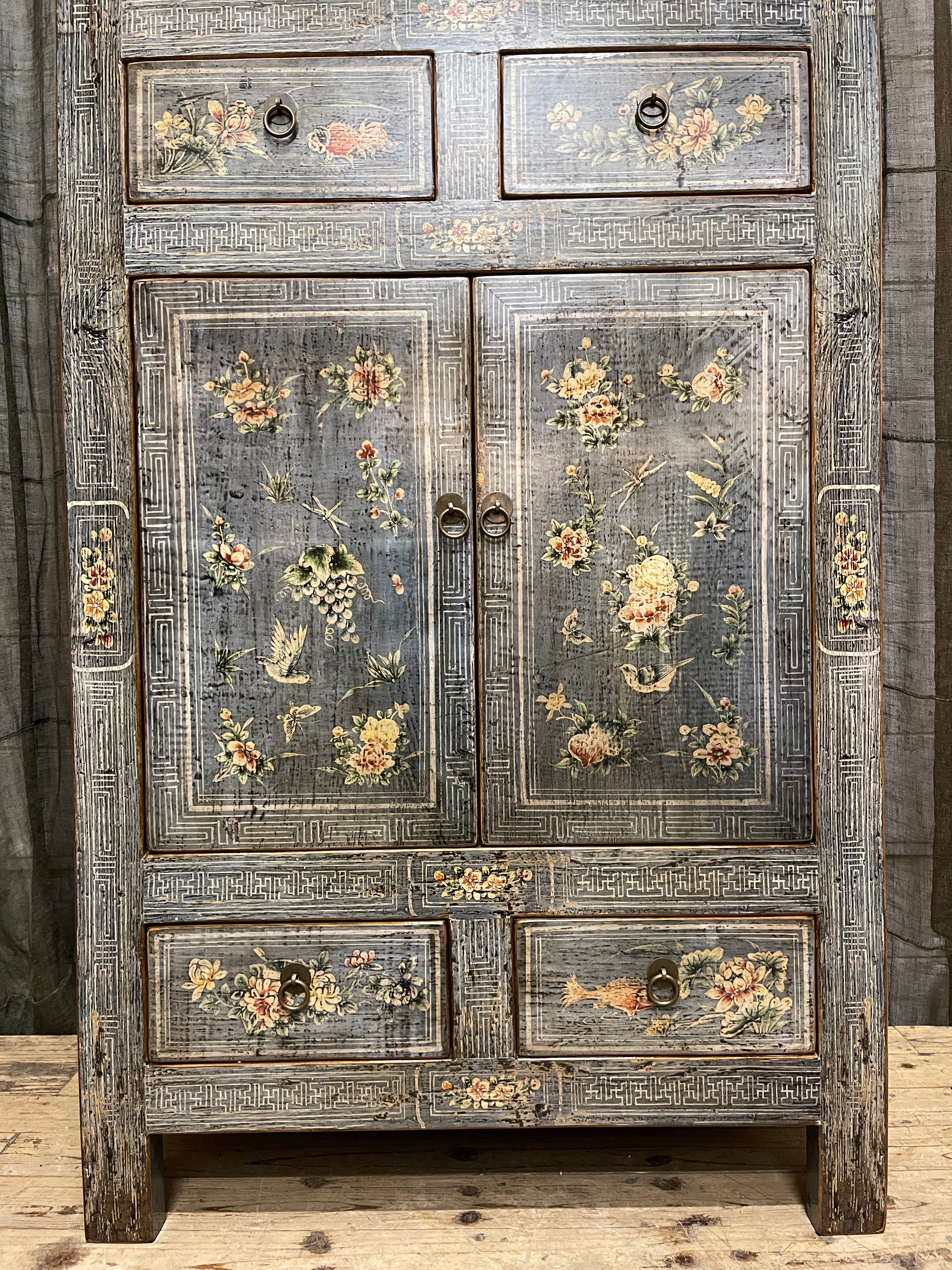 Chinese Grey Lacquered Storage Cabinet, Floral Panels