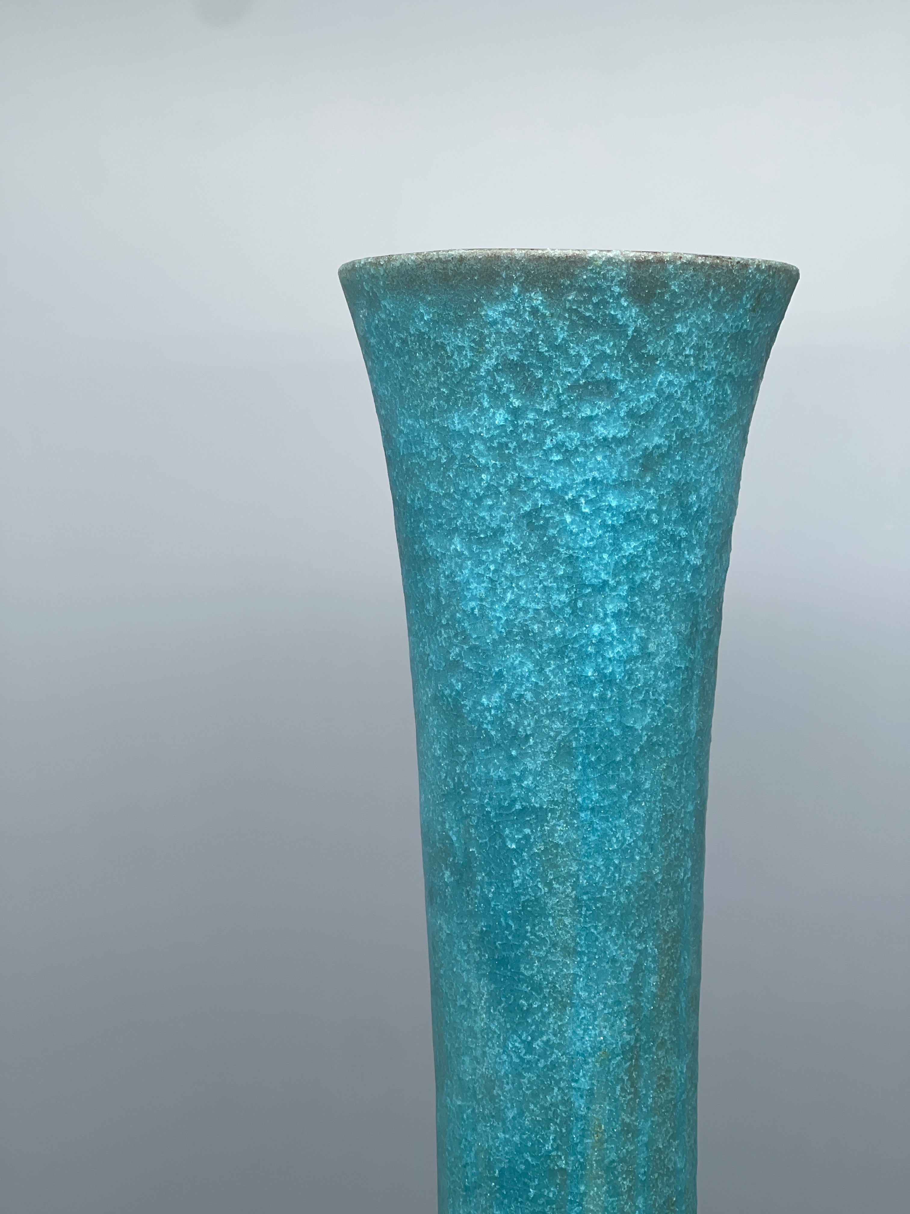 Midcentury Japanese Ikebana Vase, Blue Glaze & Kintsugi Repair