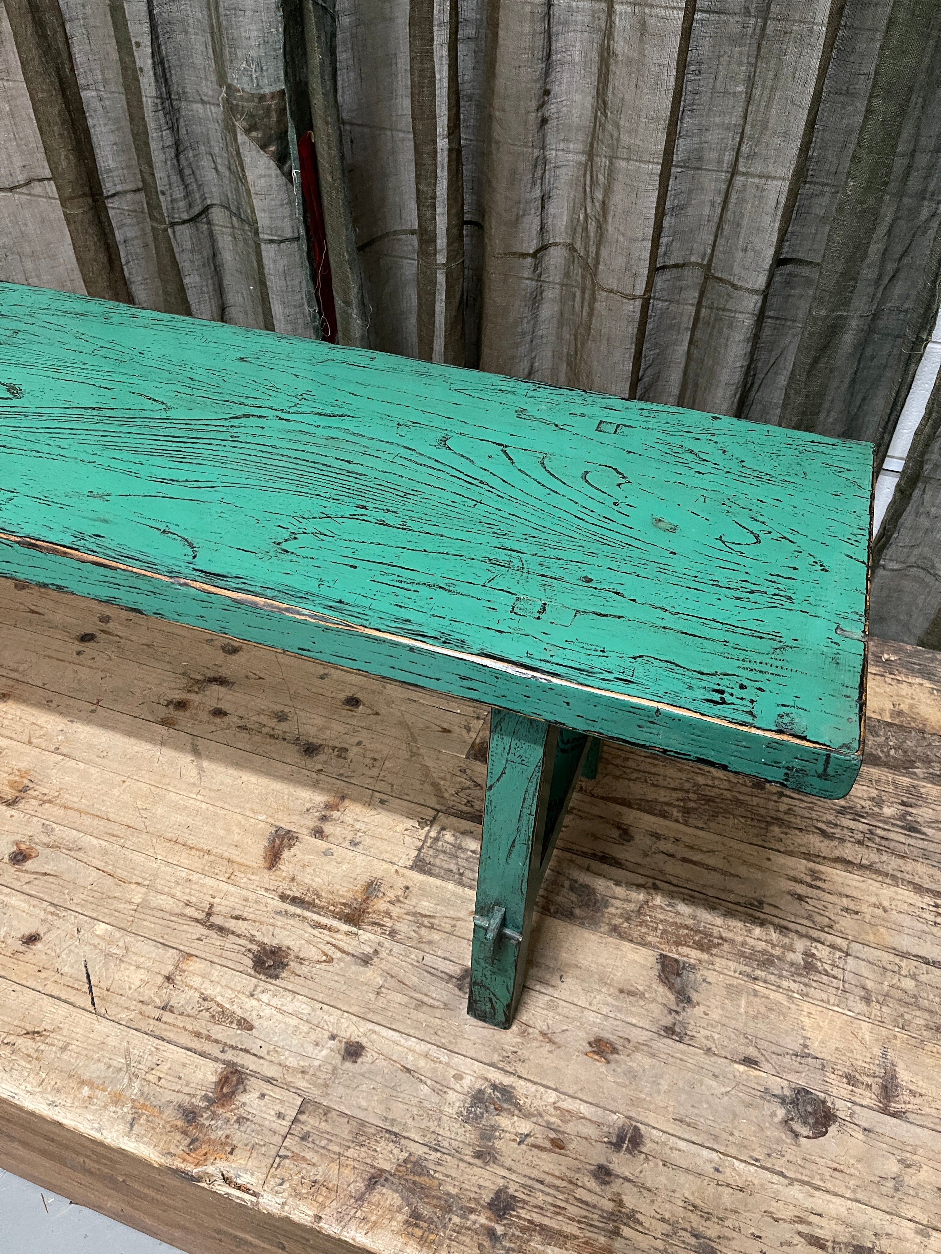 Provincial Chinese Light Green Painted Bench