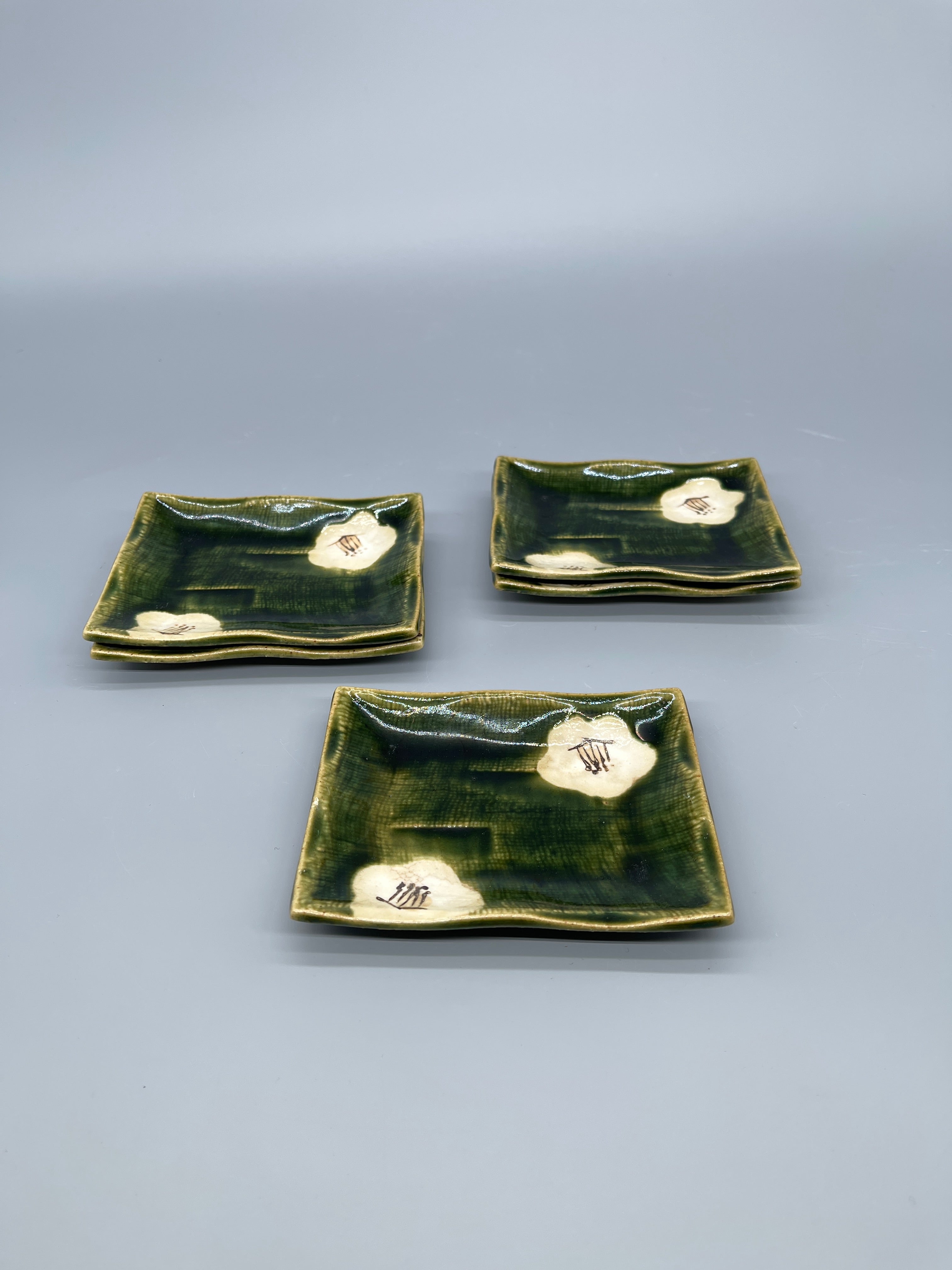 Set of Six Vintage Japanese Side Plates, Oribe Glaze