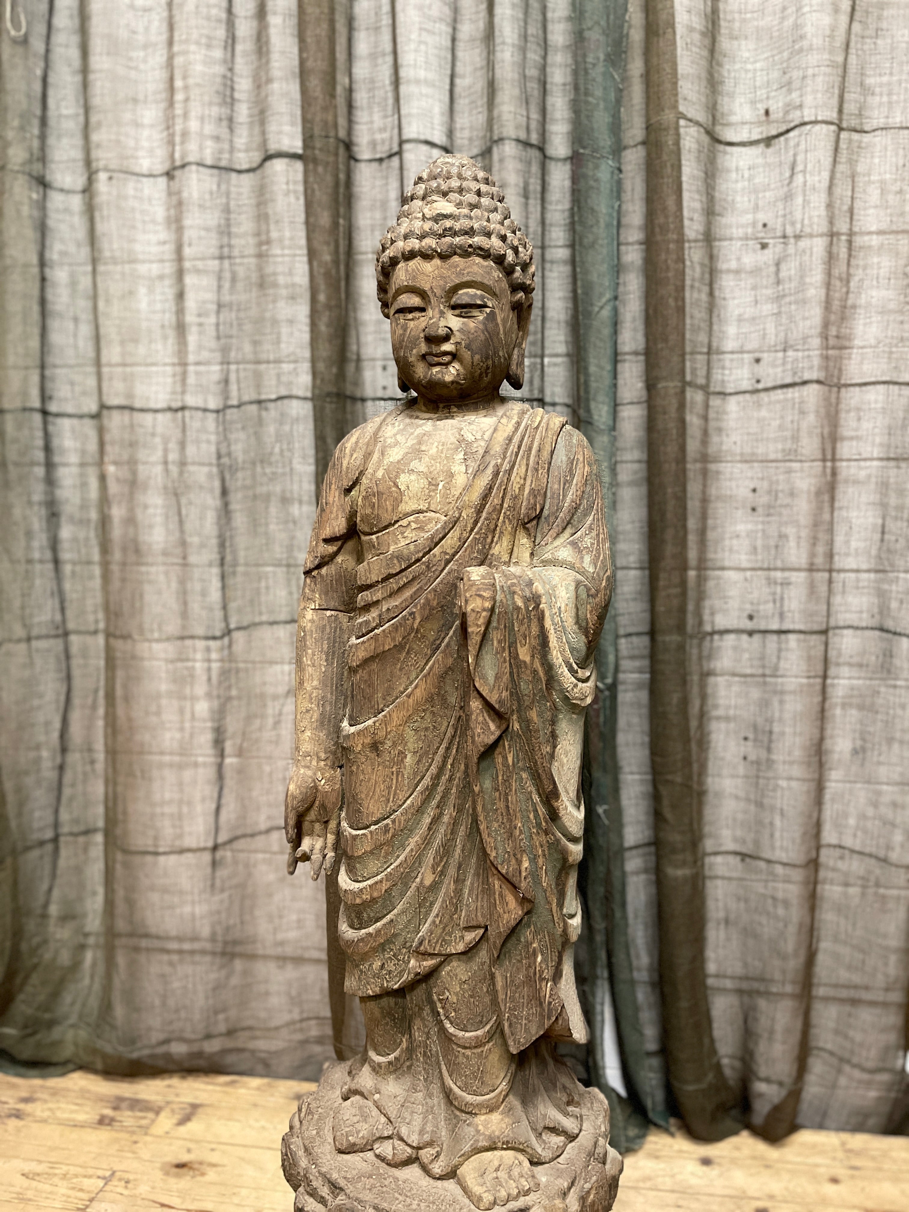 Chinese Standing Buddha Statue - Carved Wood
