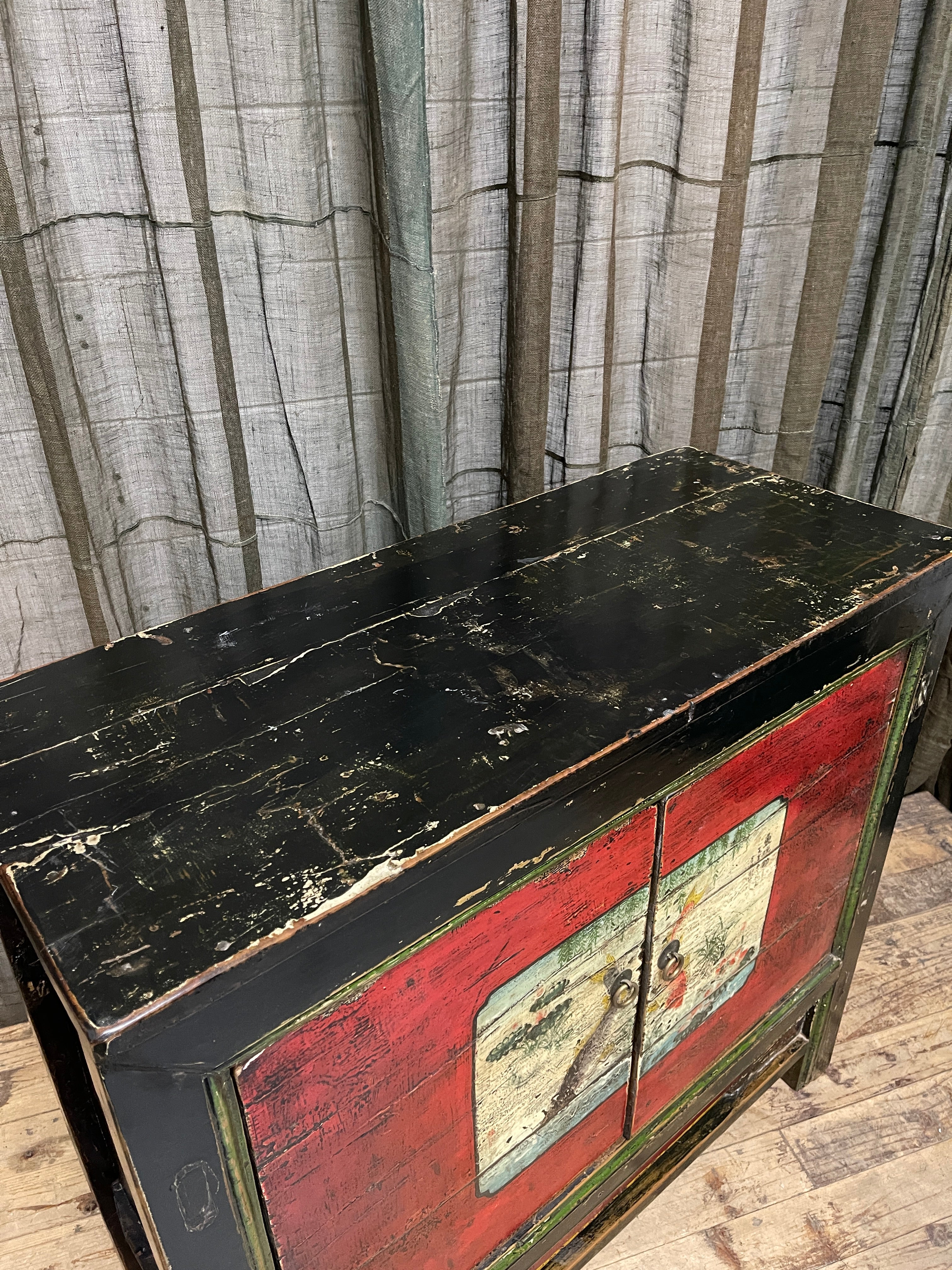 Antique Chinese Cabinet, Original Painted Finish, Koi & Floral Panel