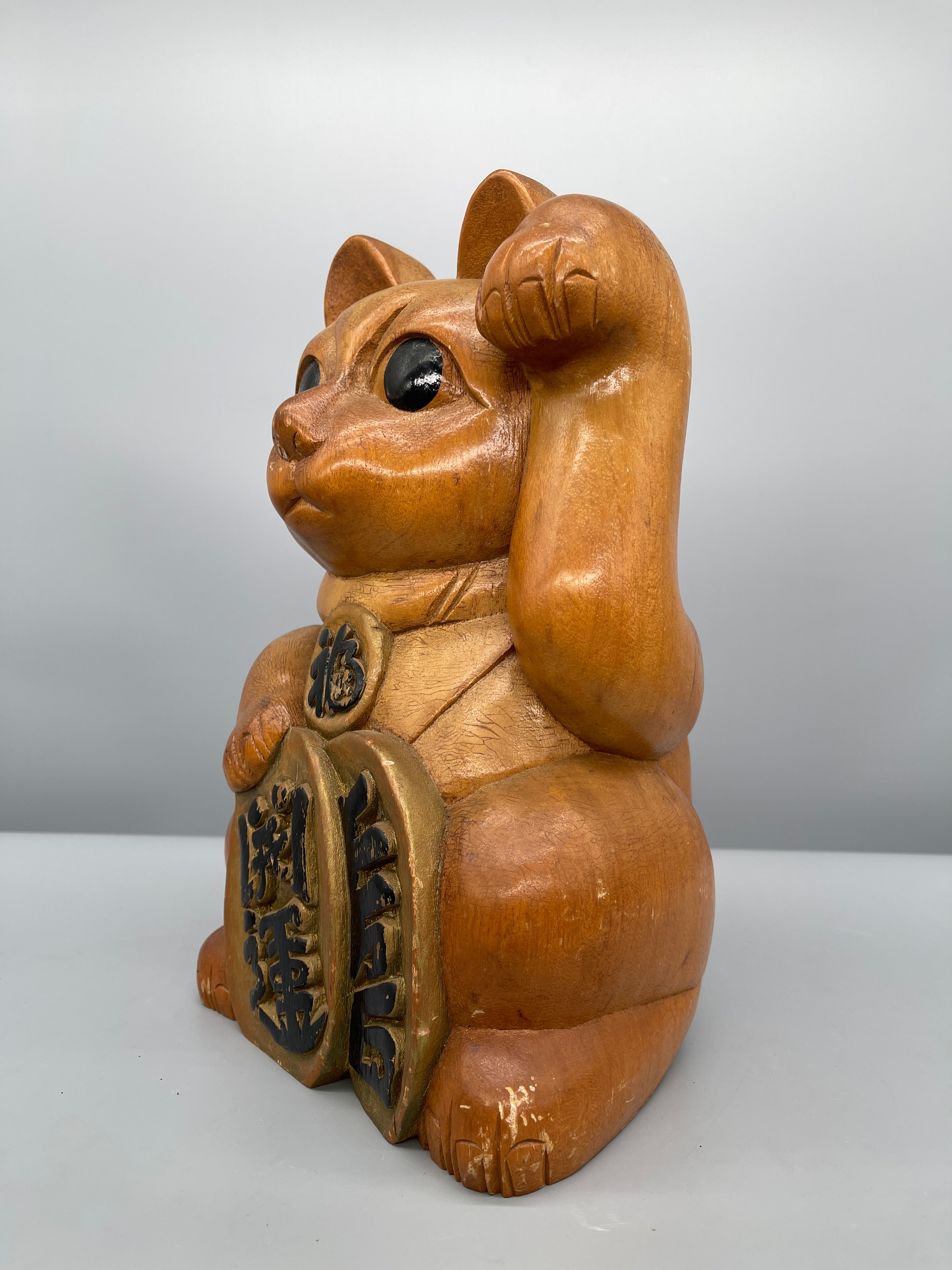 Rare Vintage Japanese Wooden Maneki Neko | c.1970