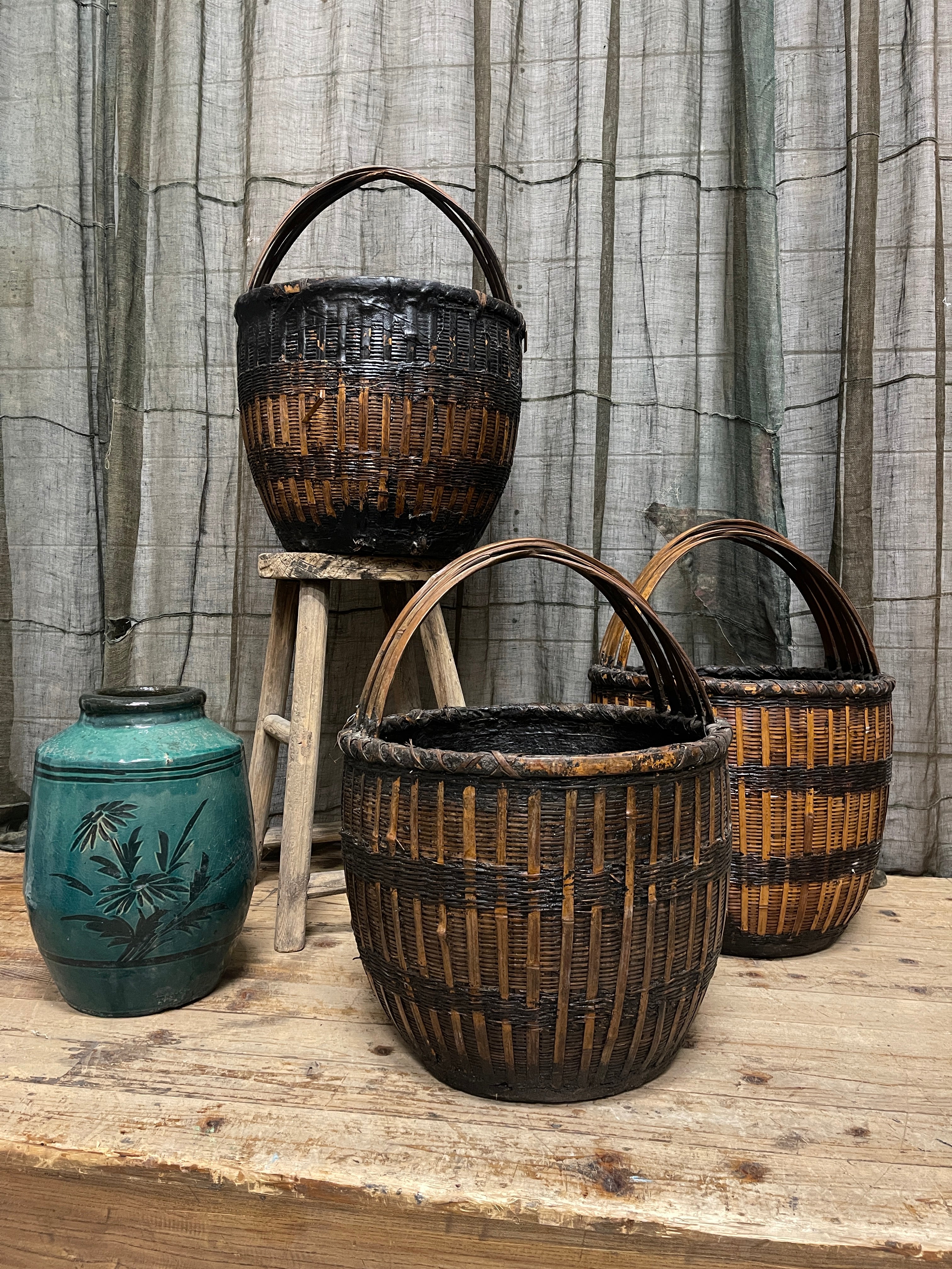 Vintage Chinese Country Farm Basket - Bamboo