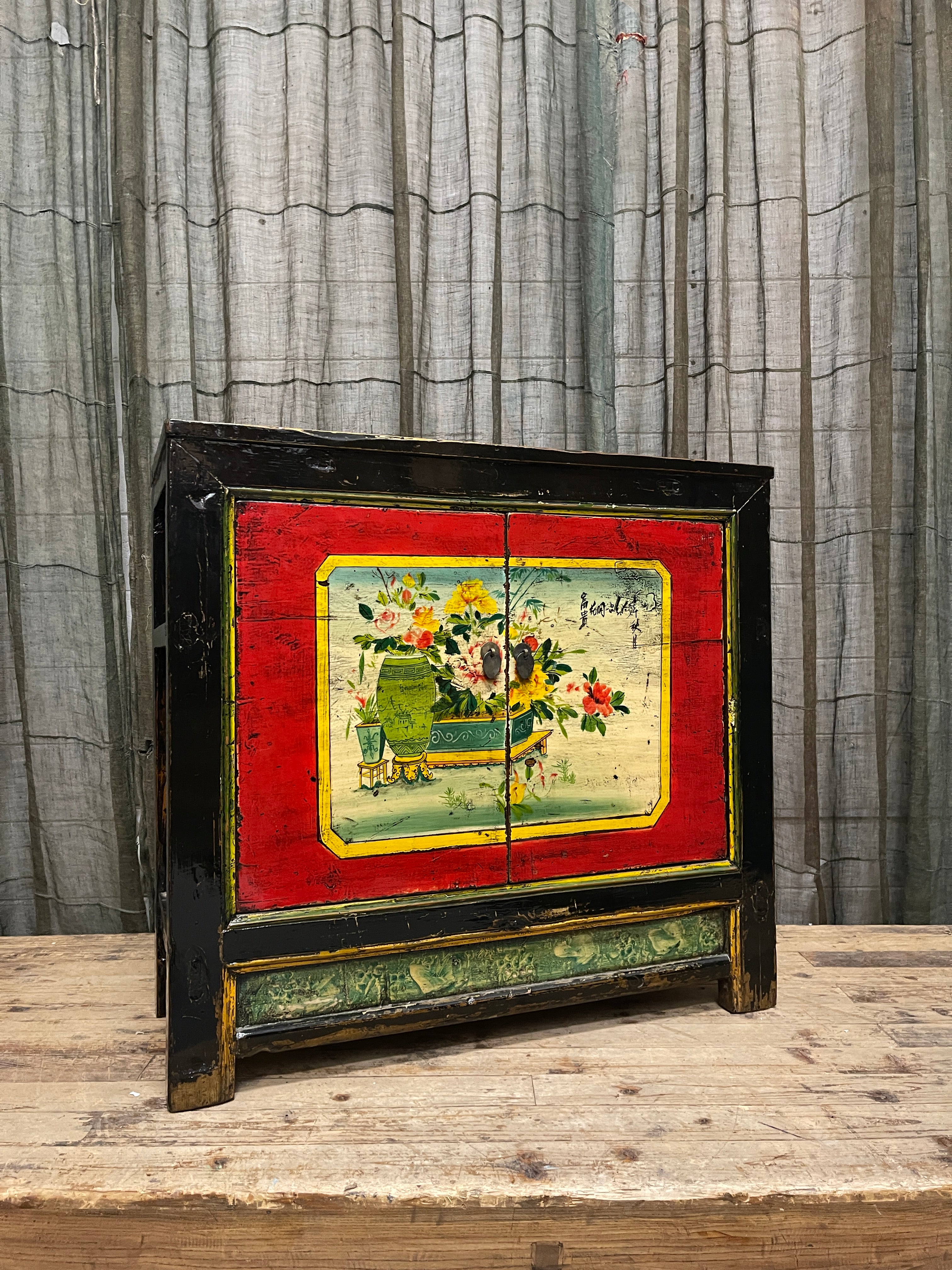 Antique Chinese Painted Cabinet, Original Finish, Vase & Floral Still Life