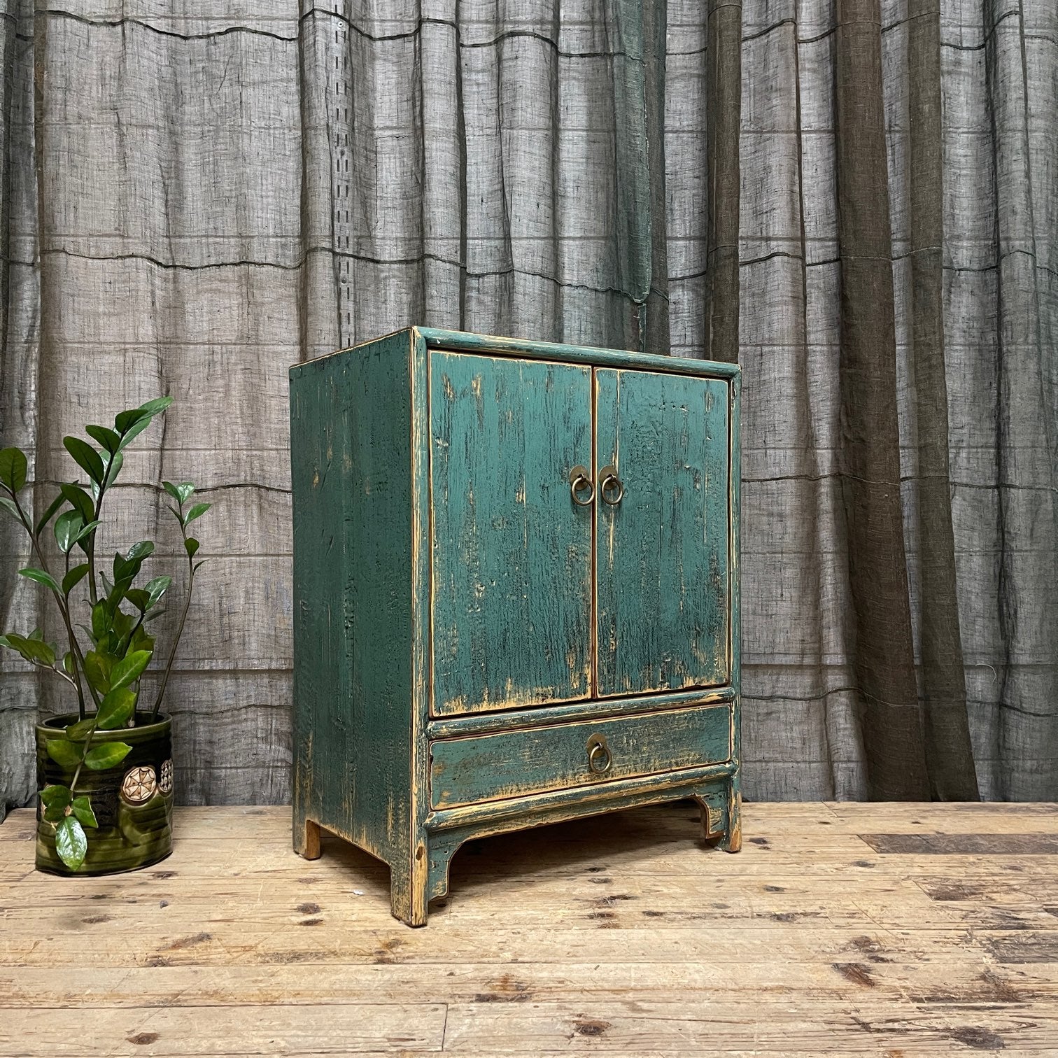 Provincial Style Chinese Teal Lacquered Side Cabinet