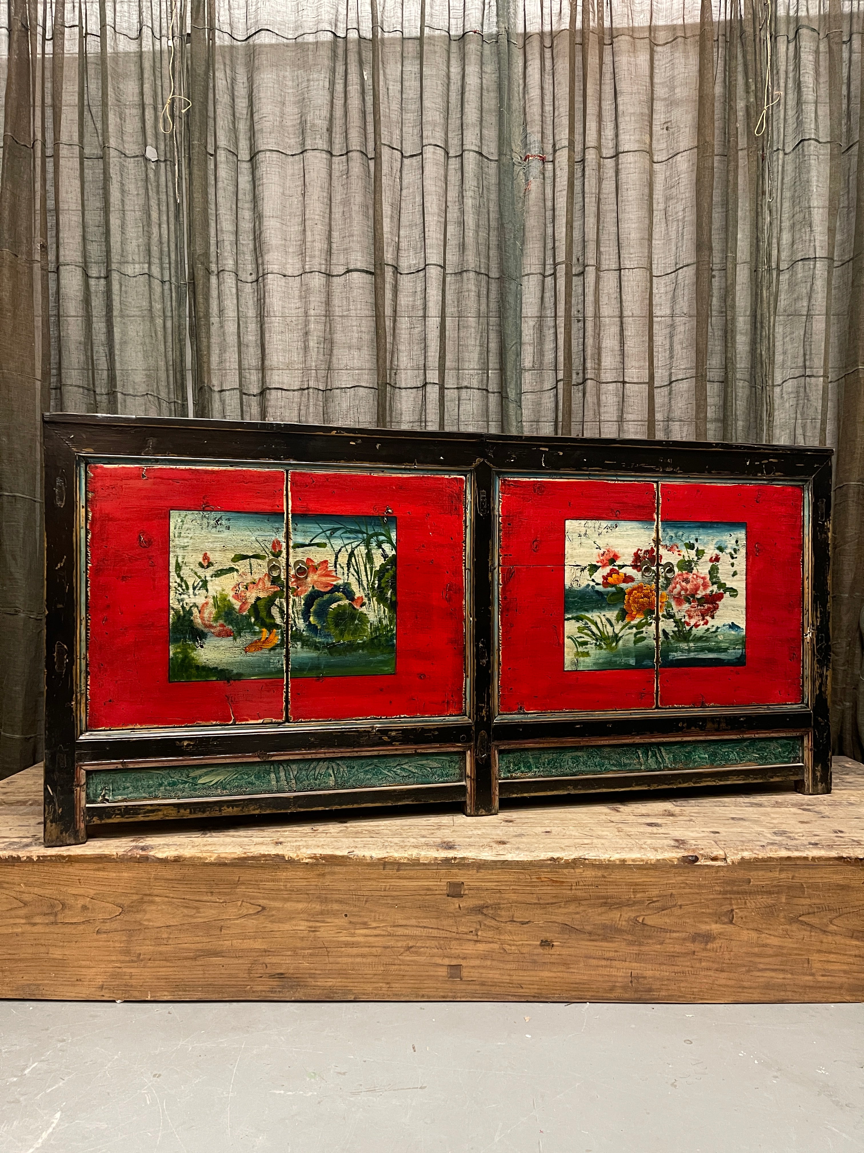 Antique Chinese Sideboard, Original Painted Finish, Floral & Lotus Panels