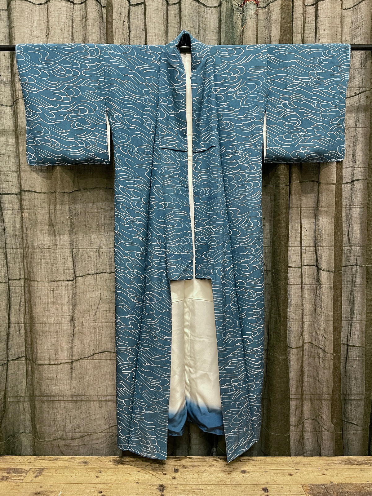 Vintage Japanese Silk Kimono, Wave Swirl Pattern