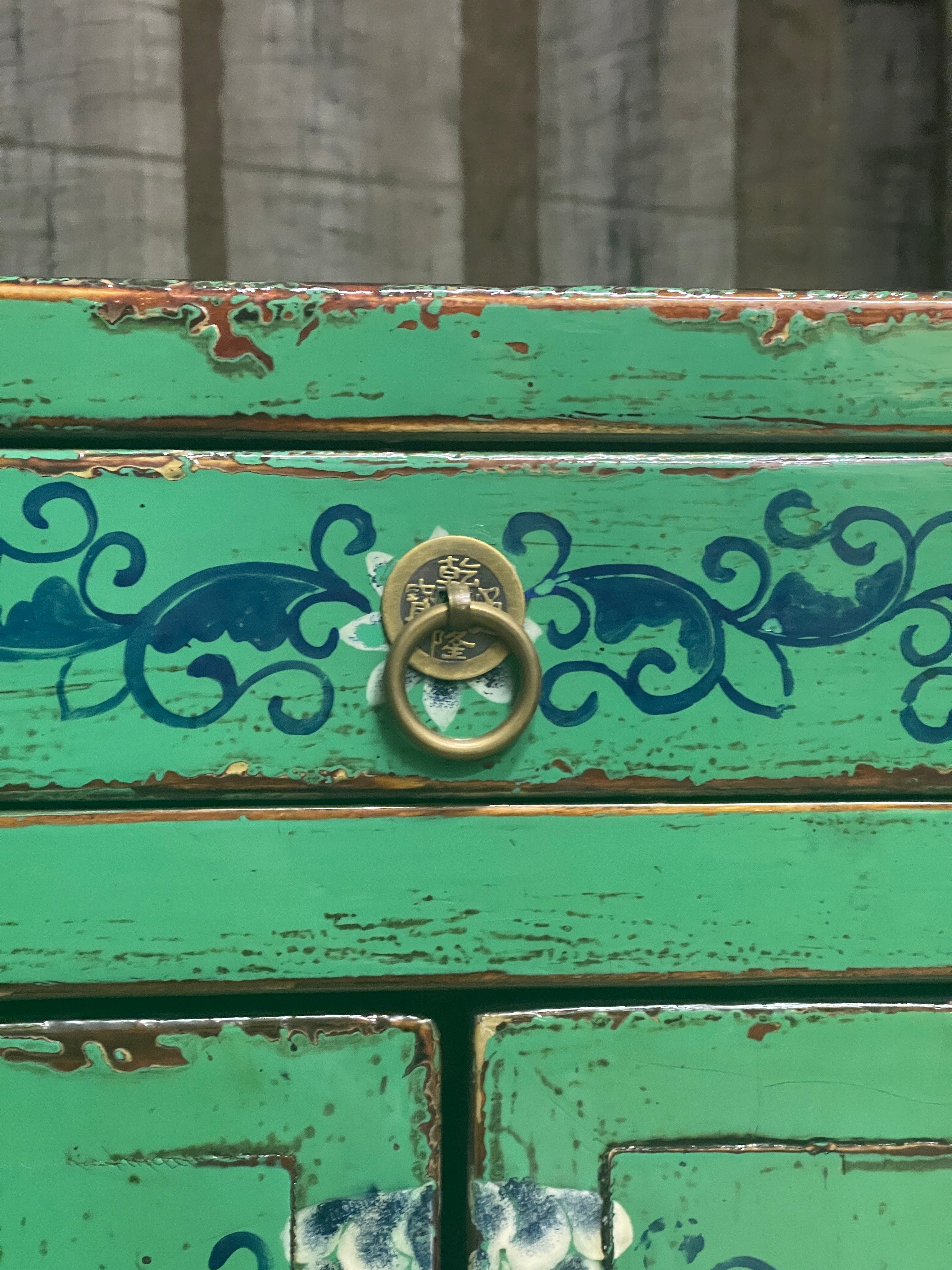 Chinese Green Lacquered Side Cabinet