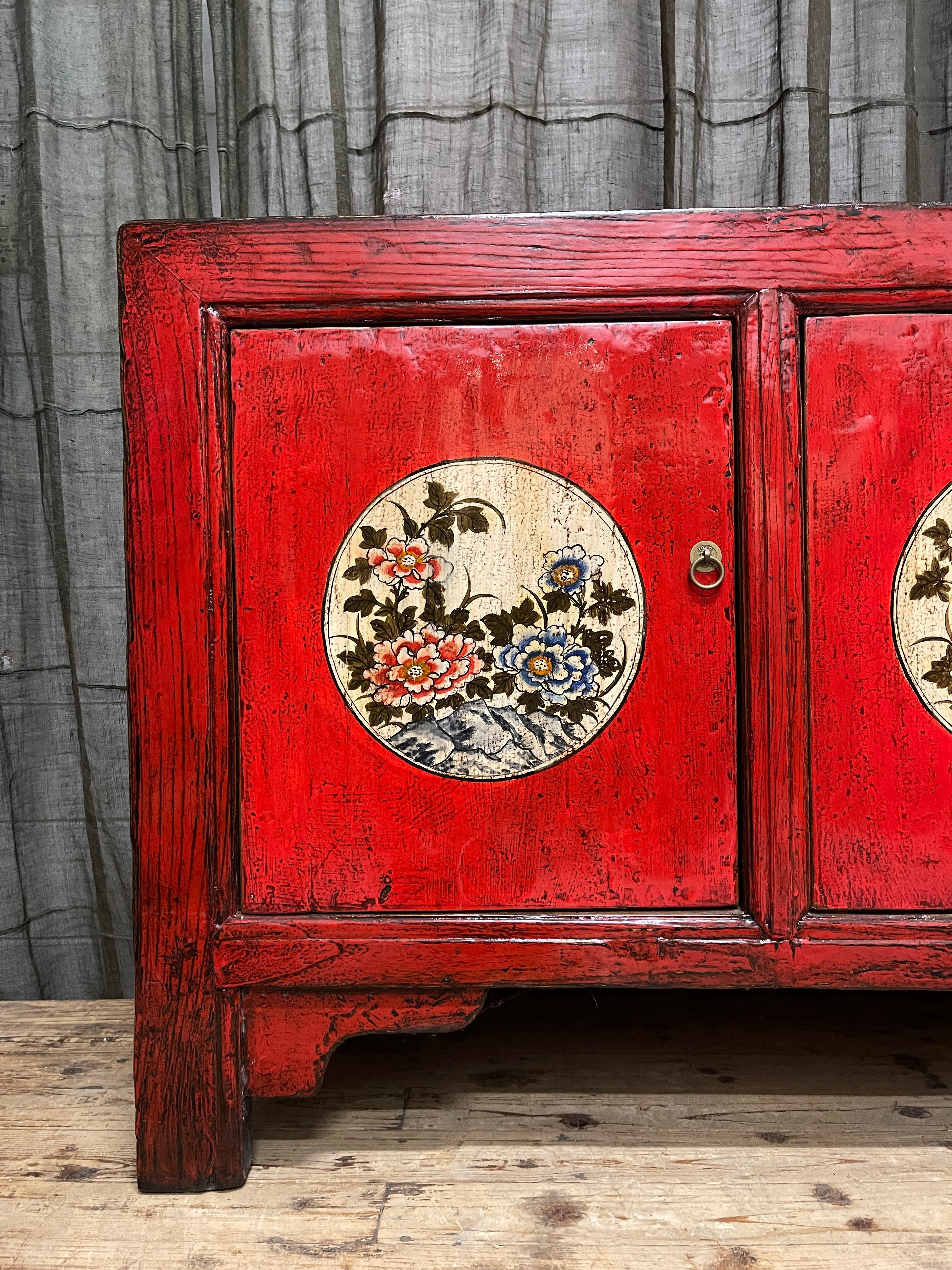 Chinese Red Lacquered Sideboard, Floral Medallion, Gansu Province