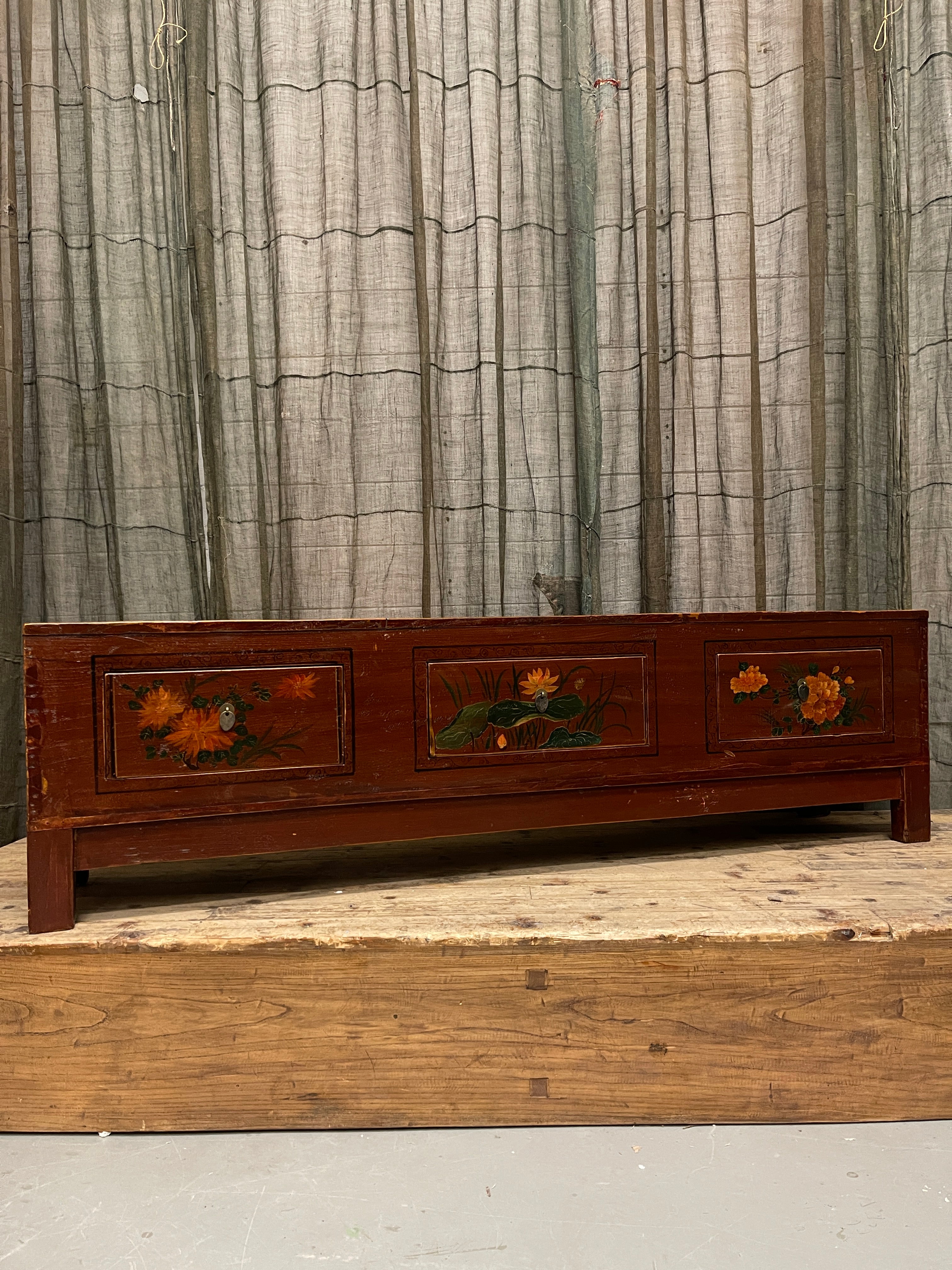 Antique Chinese Low Cabinet, 3 Drawer, Floral Panels