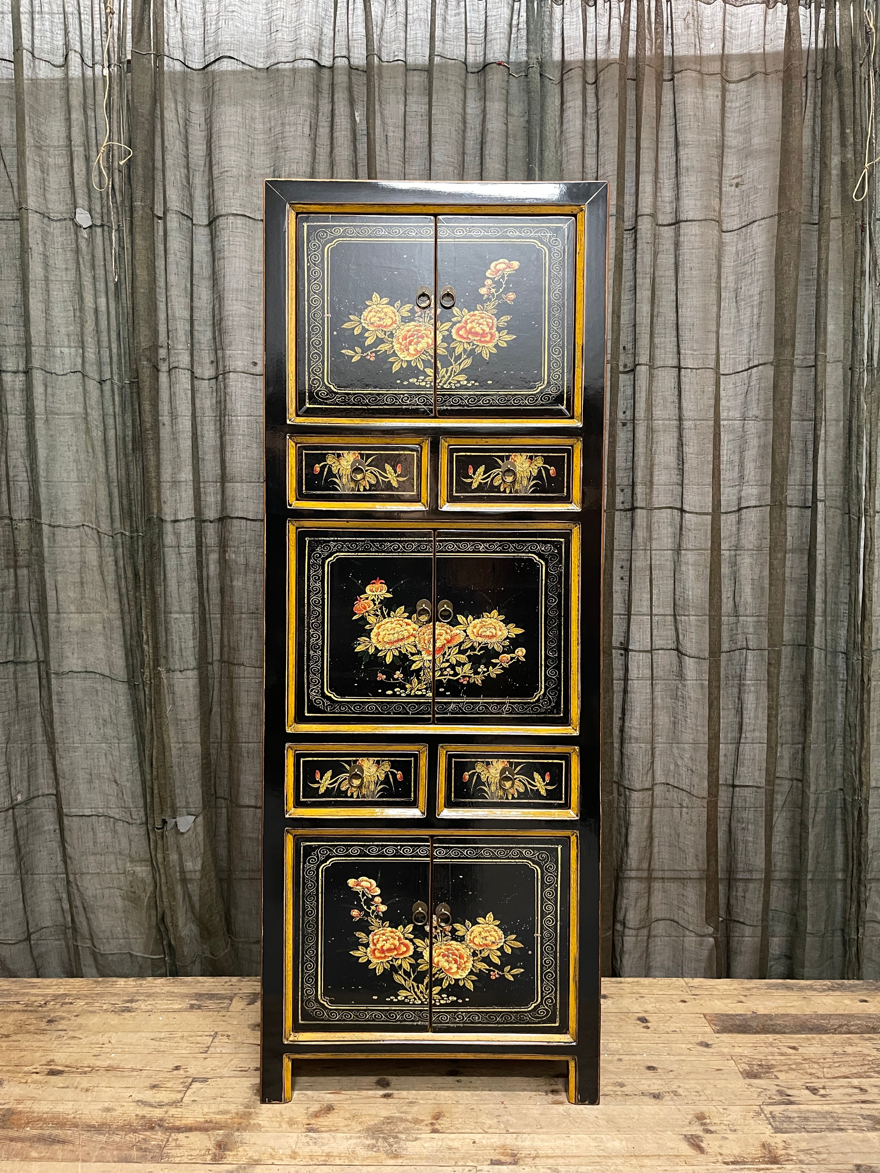 Chinese Black Lacquered Storage Cabinet, Gold Bordered Floral Panels