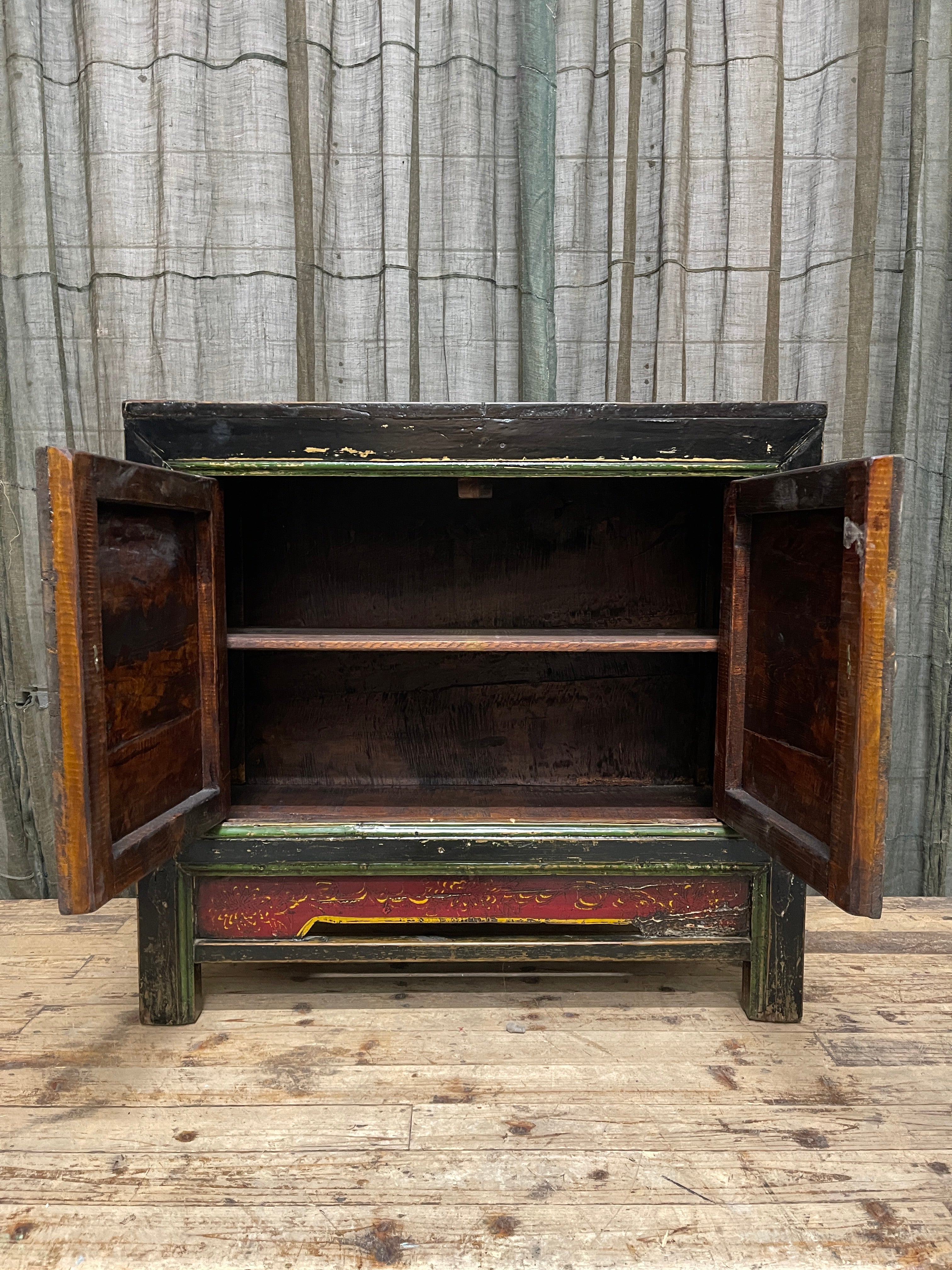 Antique Chinese Cabinet, Original Painted Finish, Koi & Floral Panel