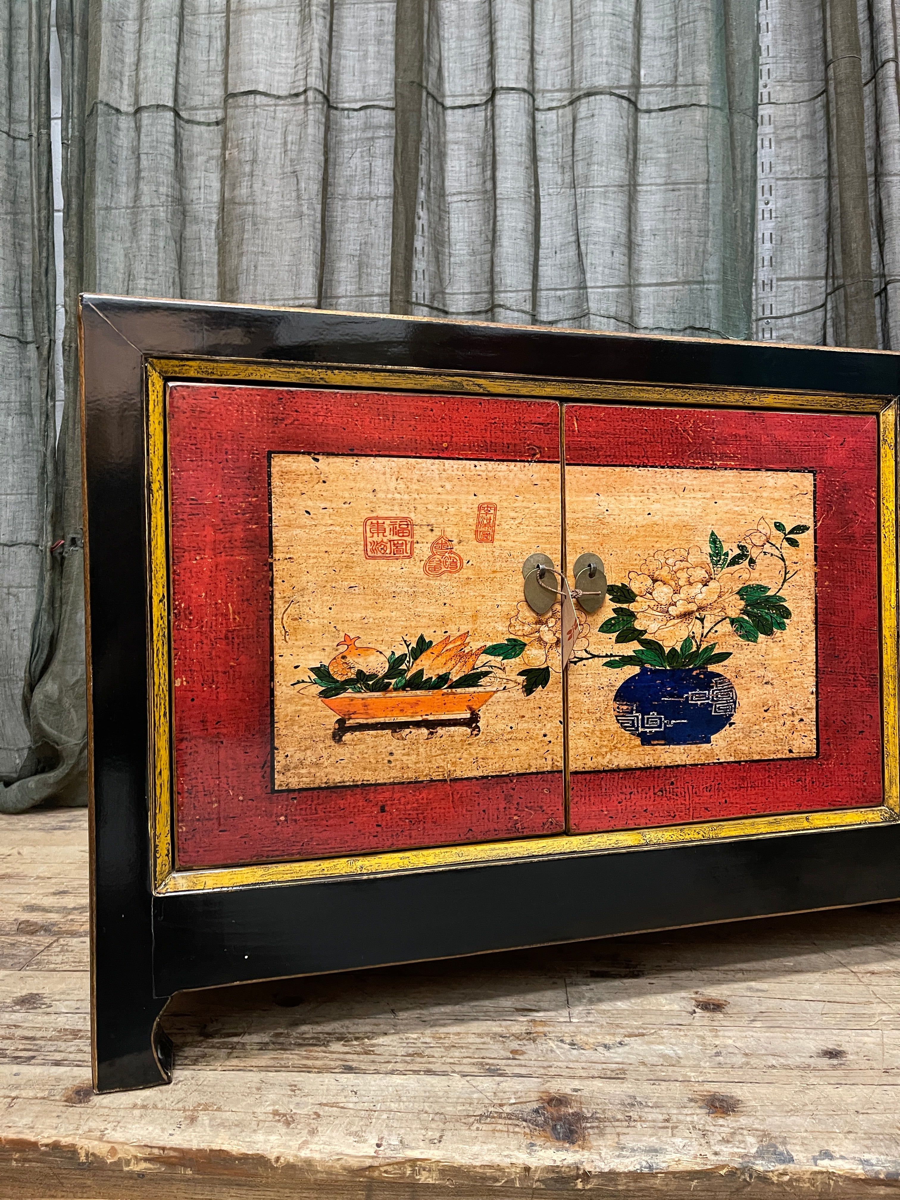 Low Chinese Lacquered Cabinet, Black & Red Motif