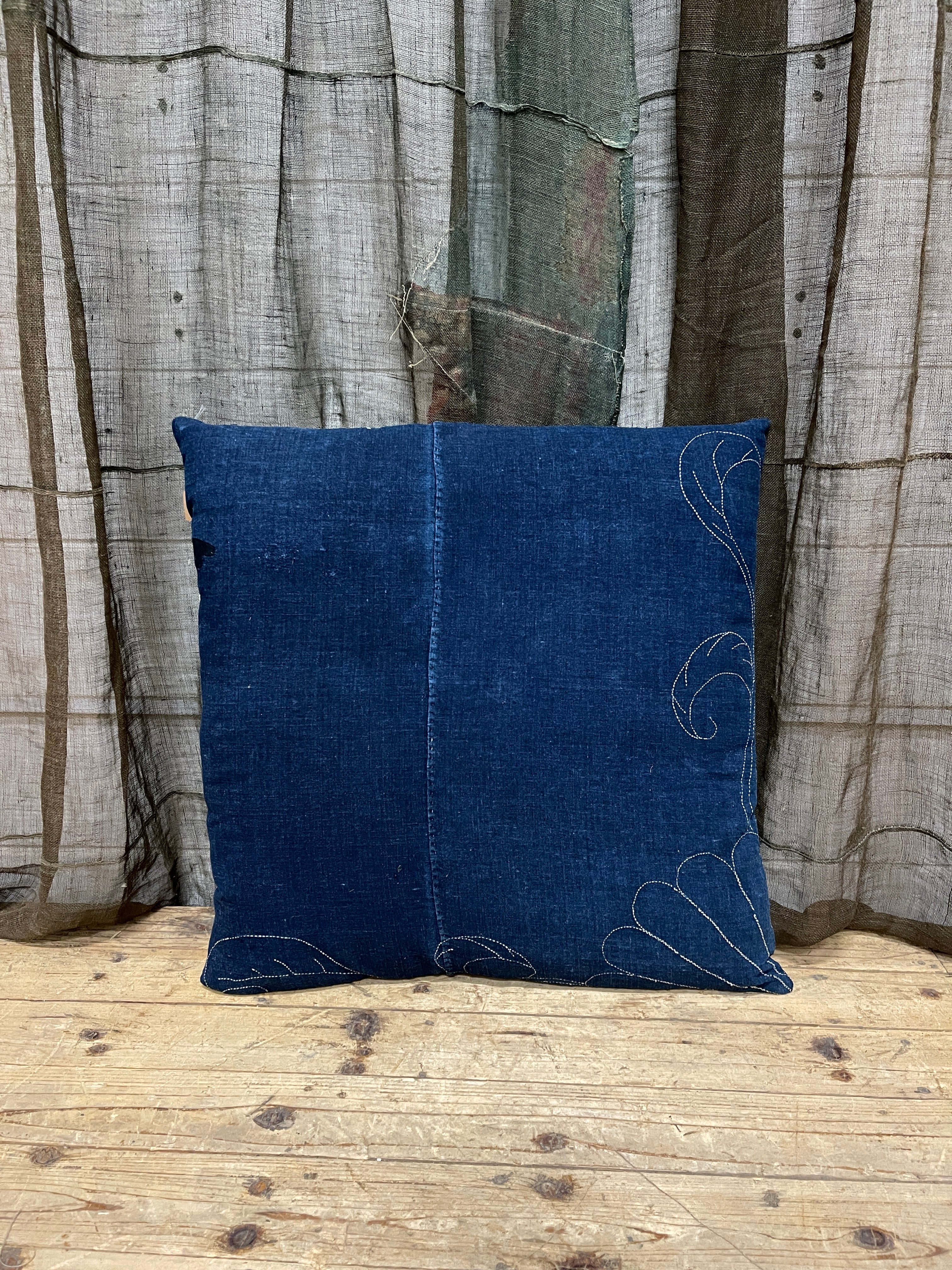 Japanese Floor Cushions Covered with Boro Indigo Cotton