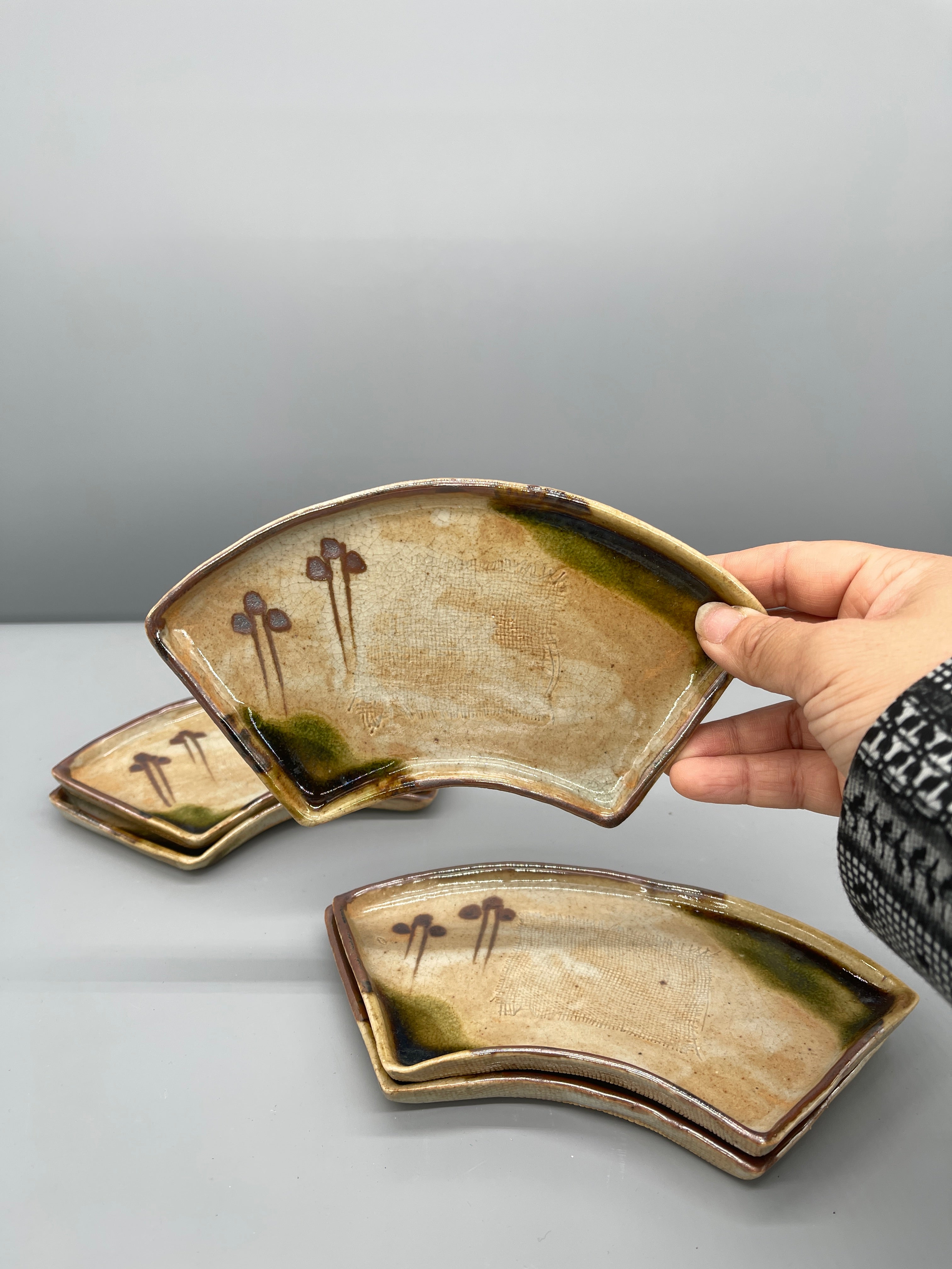Set of 5 Vintage Japanese Fan-Shape Dishes, Oribe Glaze
