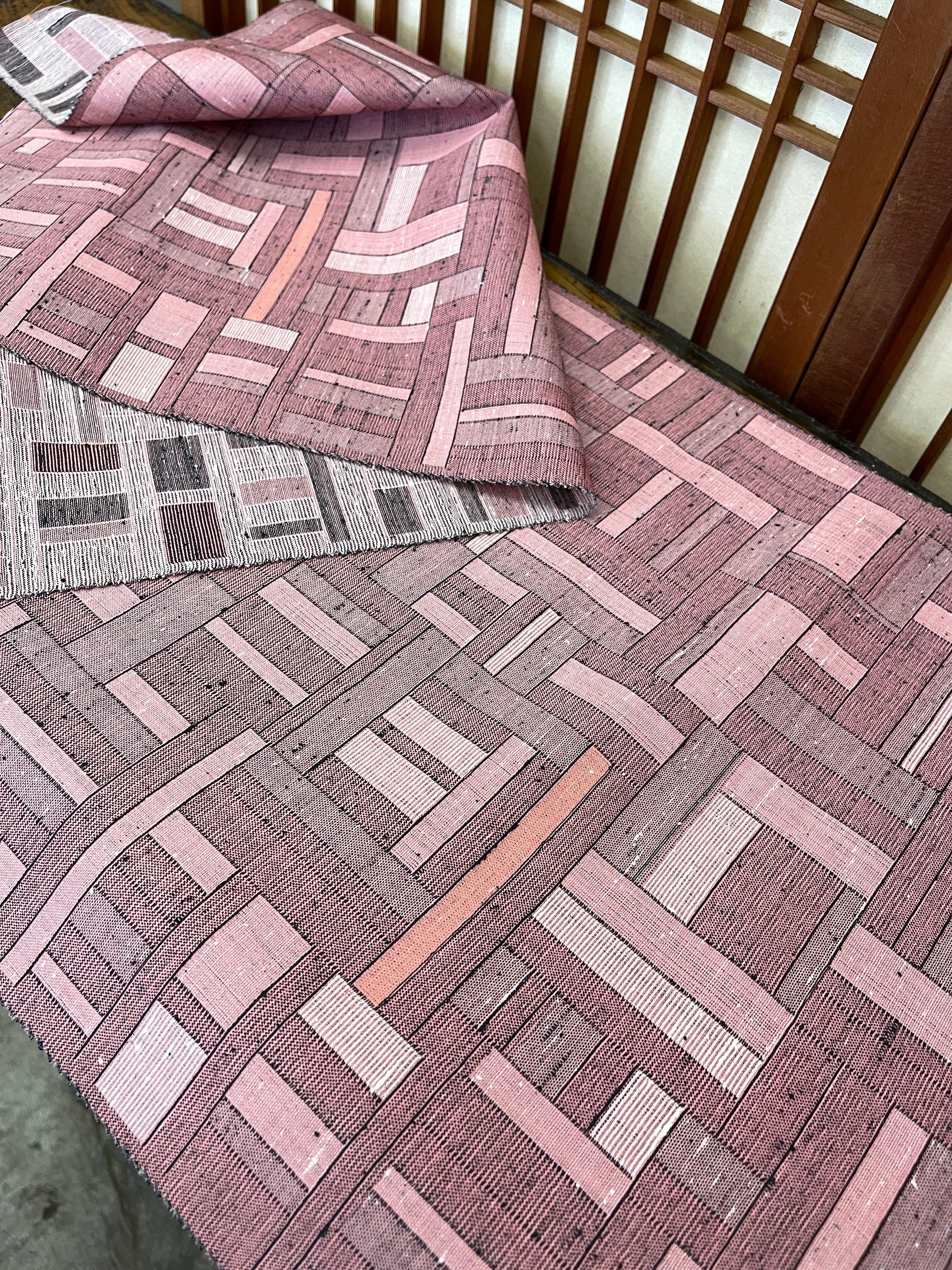Japanese Tsumugi Silk Fabric, Unique Pink Block Pattern