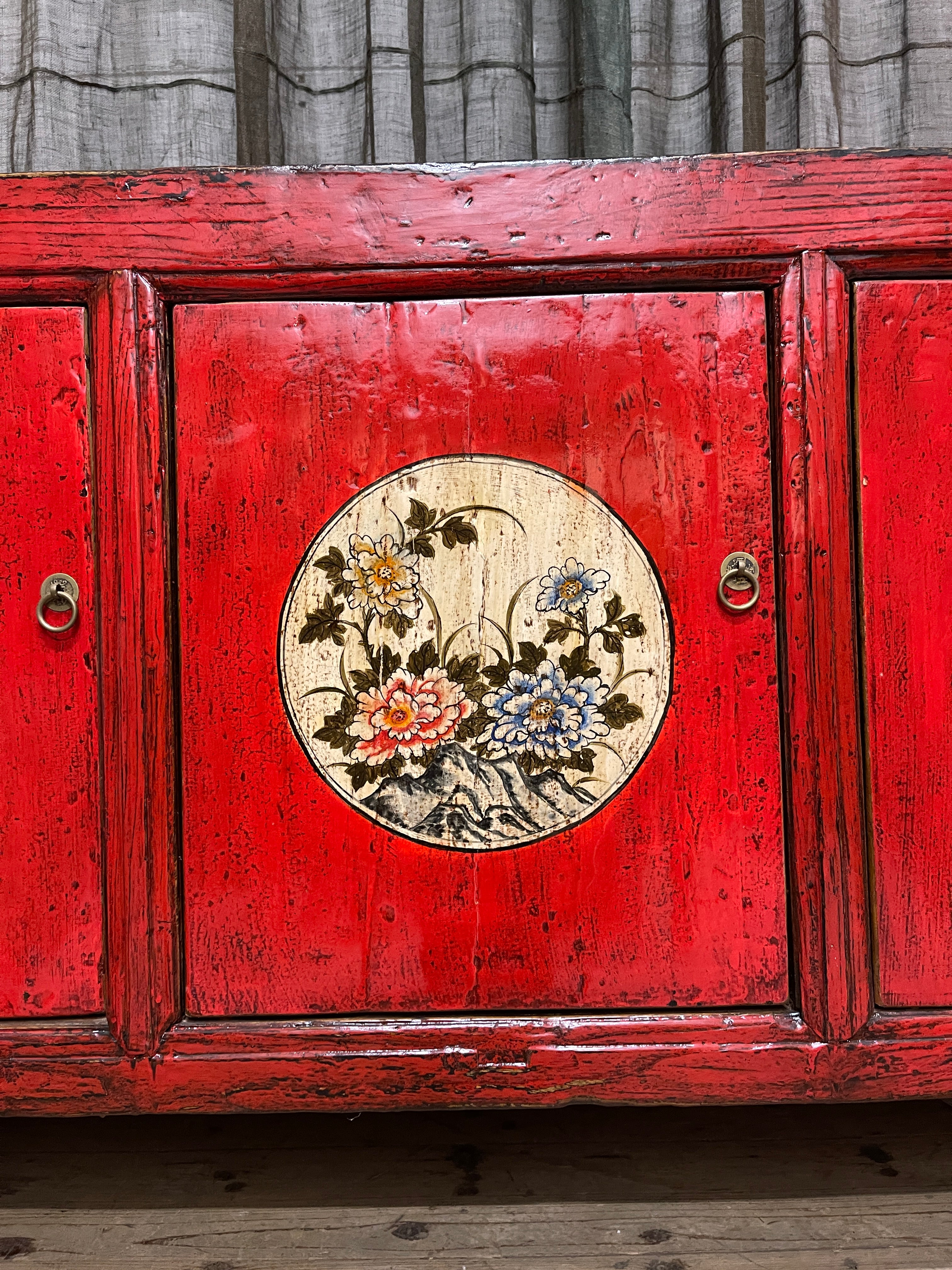 Chinese Red Lacquered Sideboard, Floral Medallion, Gansu Province