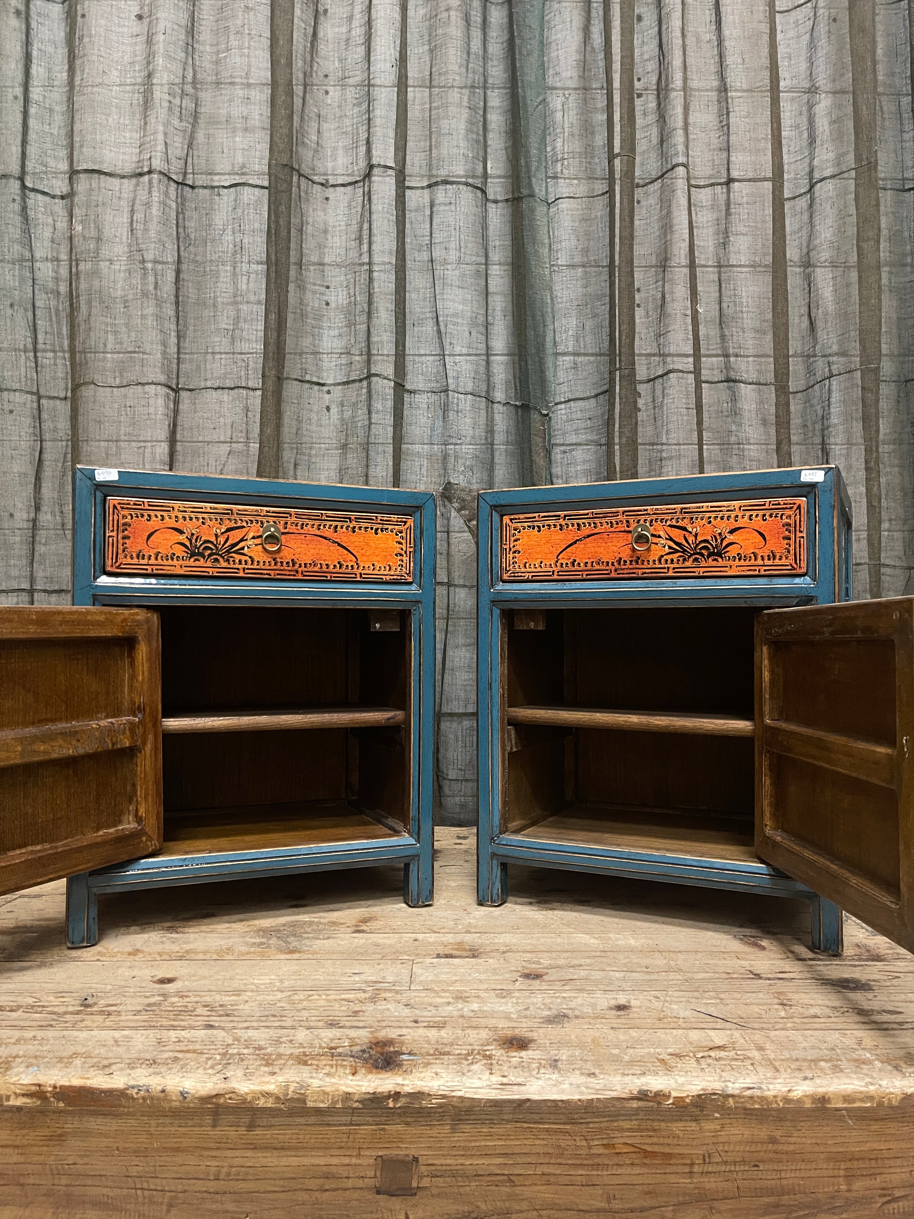 Chinese Blue & Orange Lacquered Side Cabinet