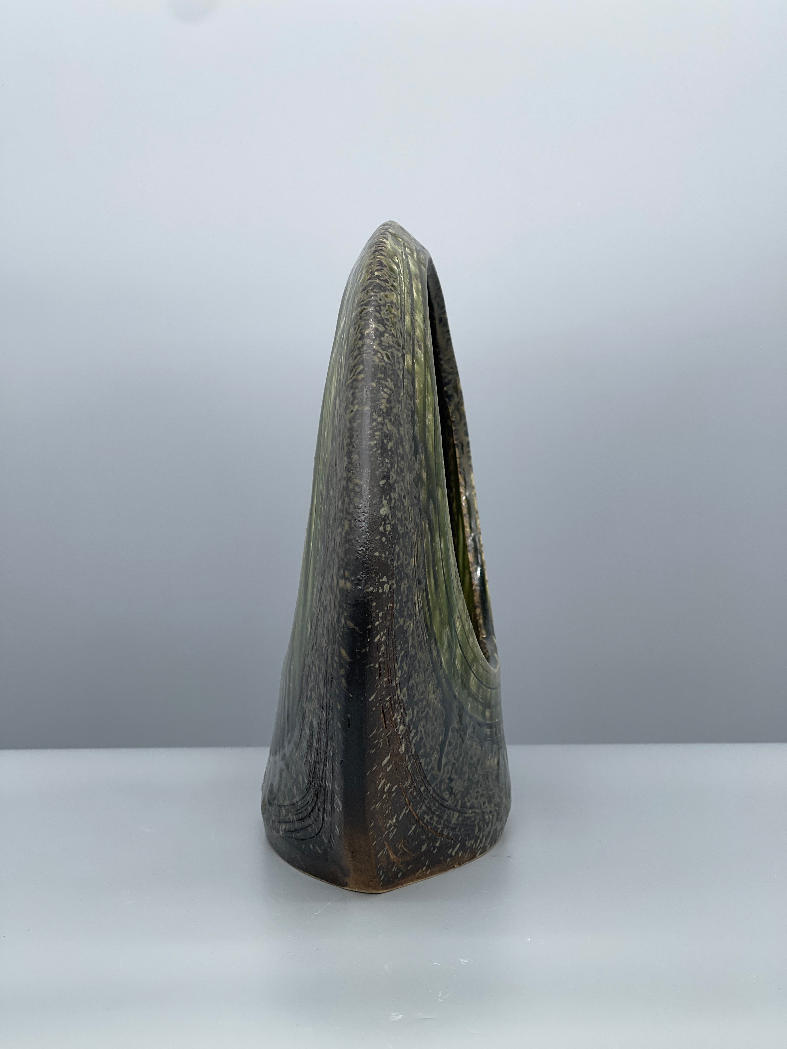 Midcentury Japanese Round Ikebana Vase, Earthy Green Glaze