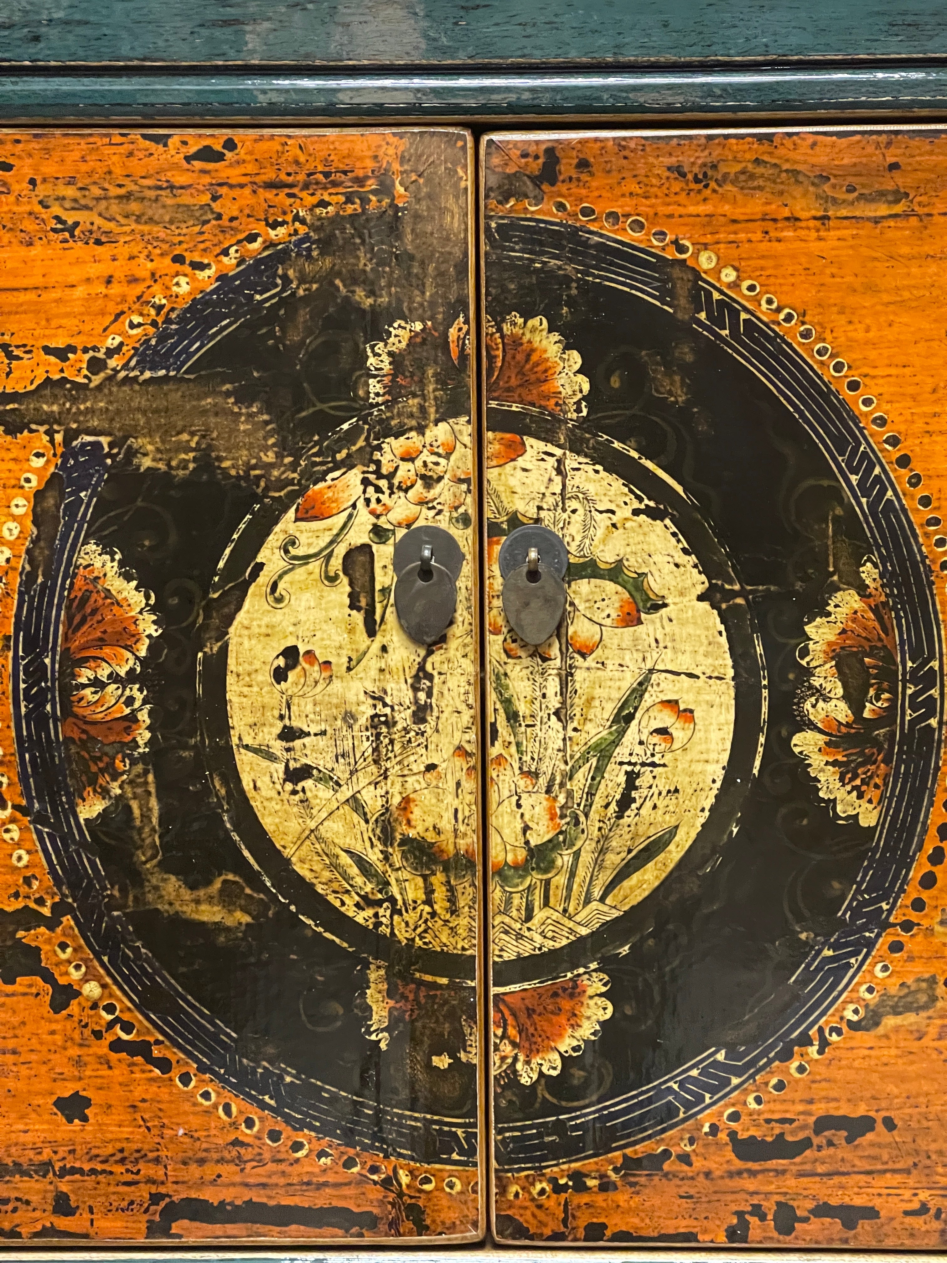 Chinese Teal & Orange Lacquered Cabinet