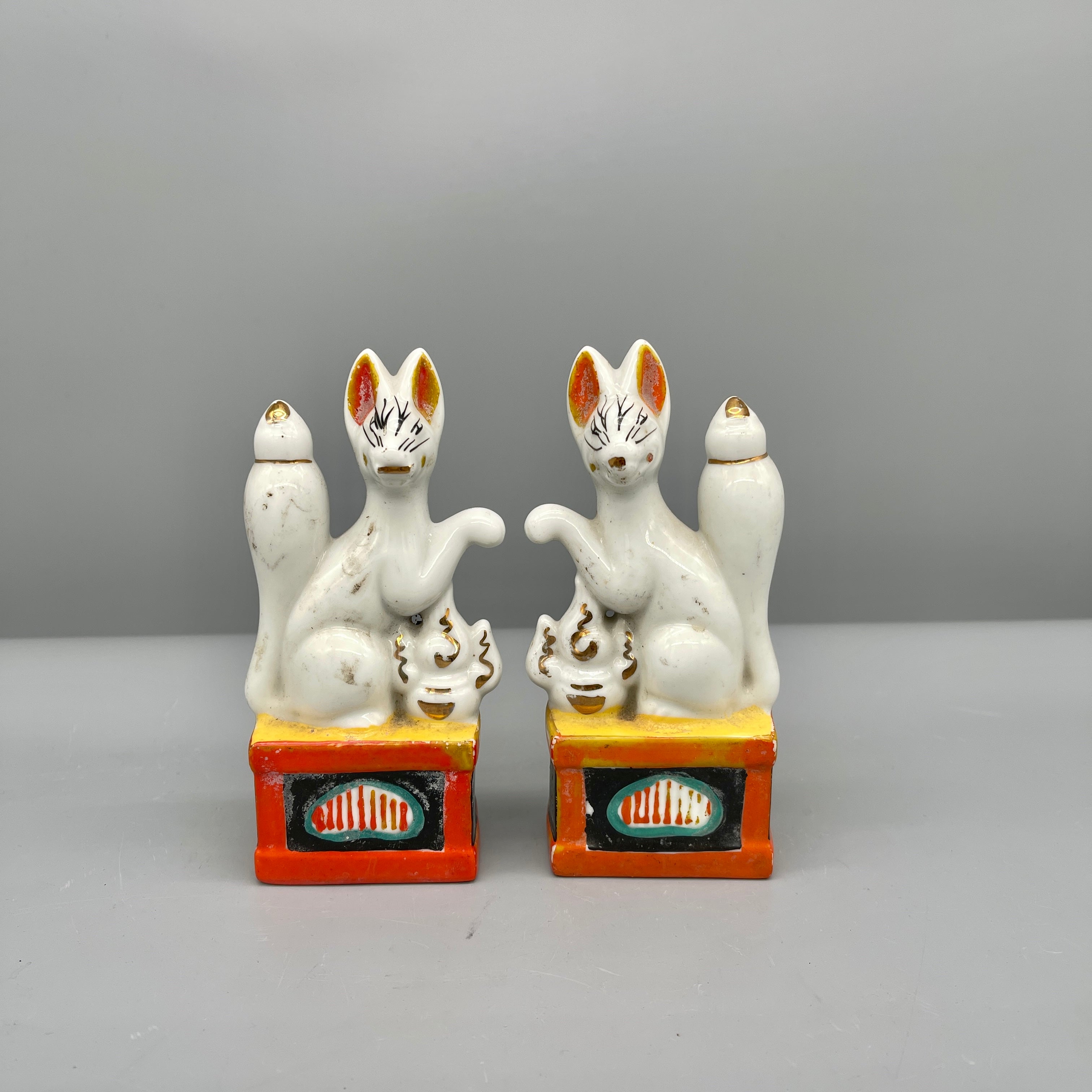 Pair of Vintage Japanese Porcelain Kitsune Statues