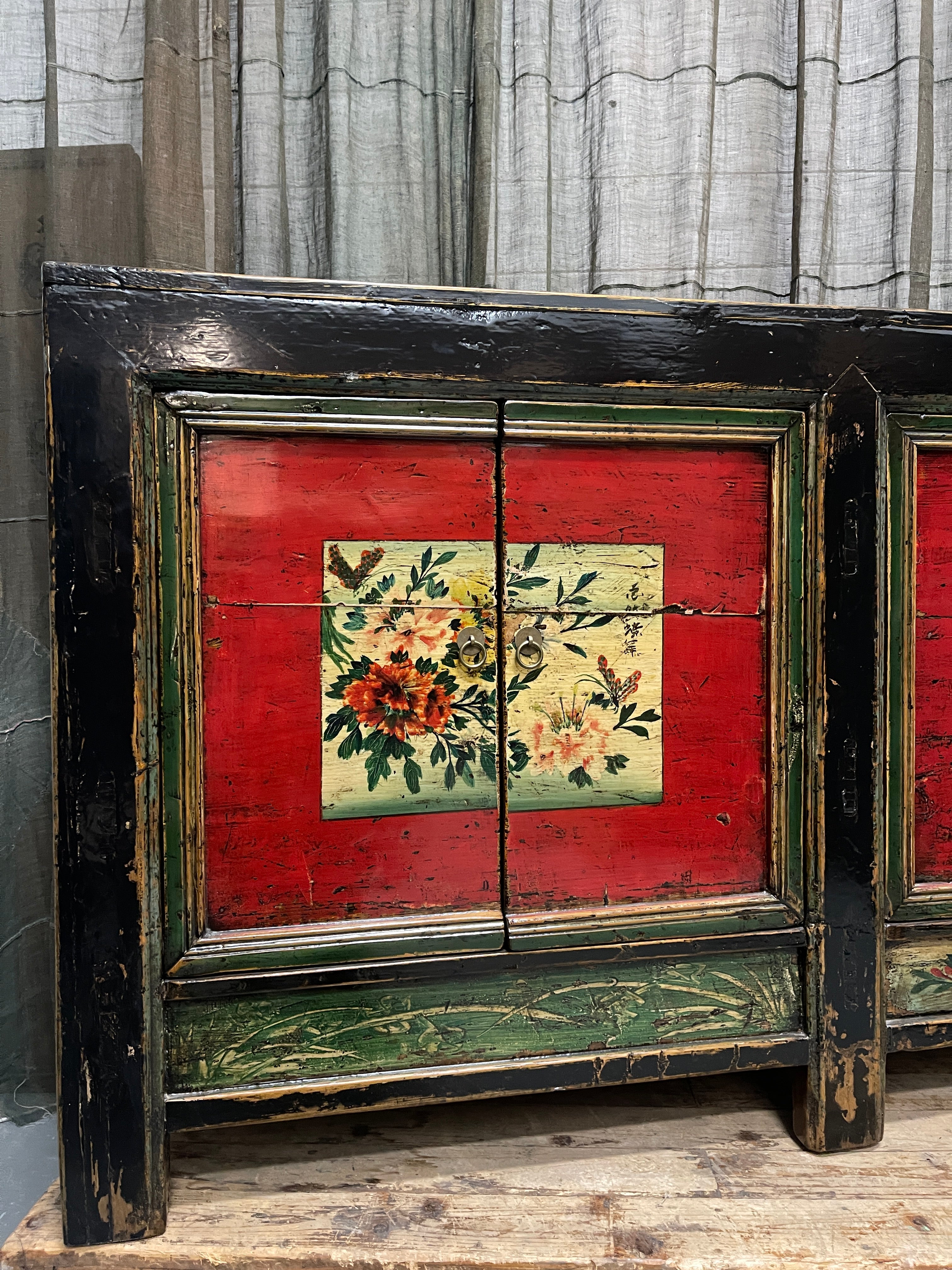 Antique Chinese Sideboard, Original Painted Finish, Floral Panels