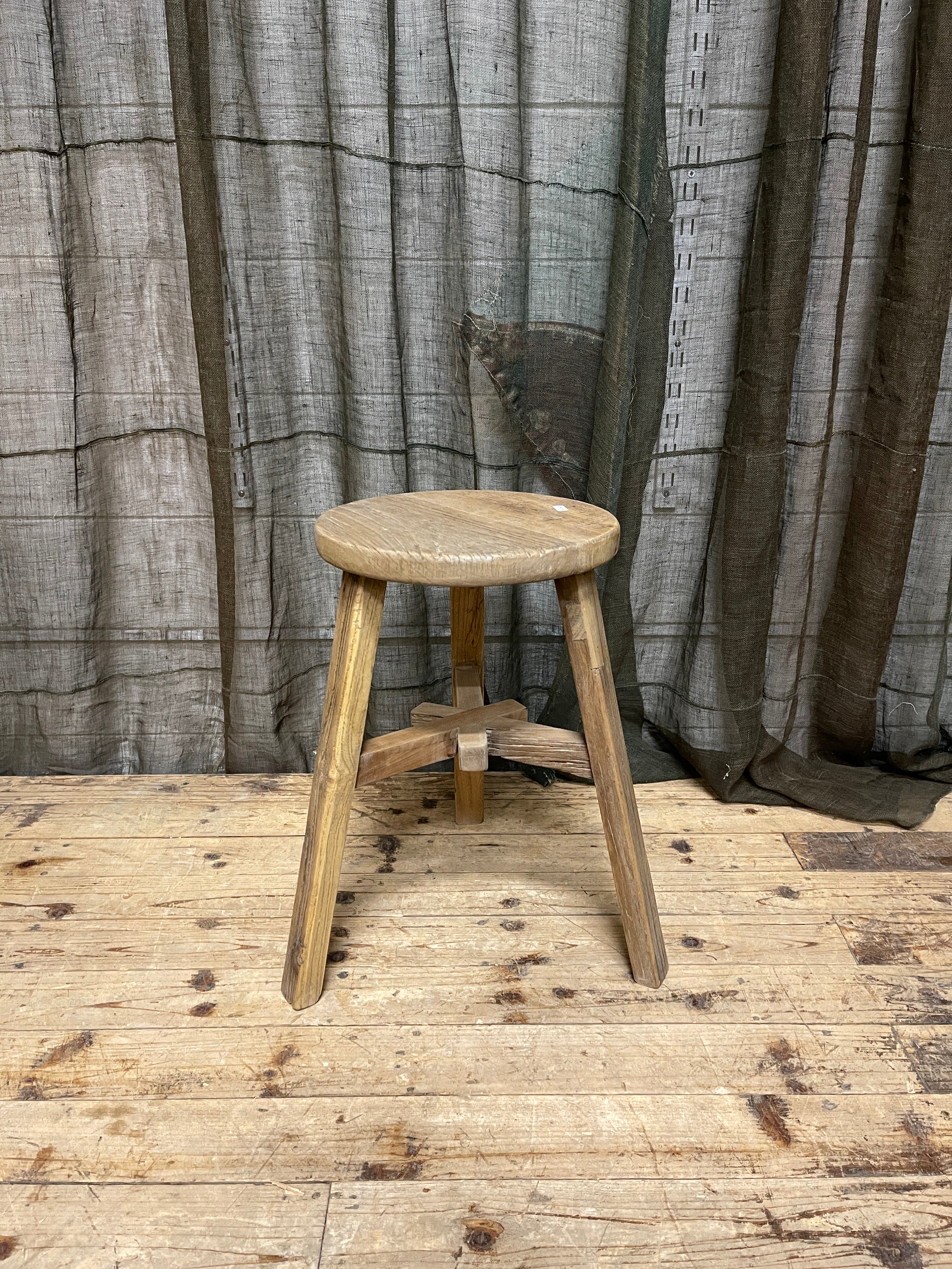 Rustic Chinese Round Stool, Elm