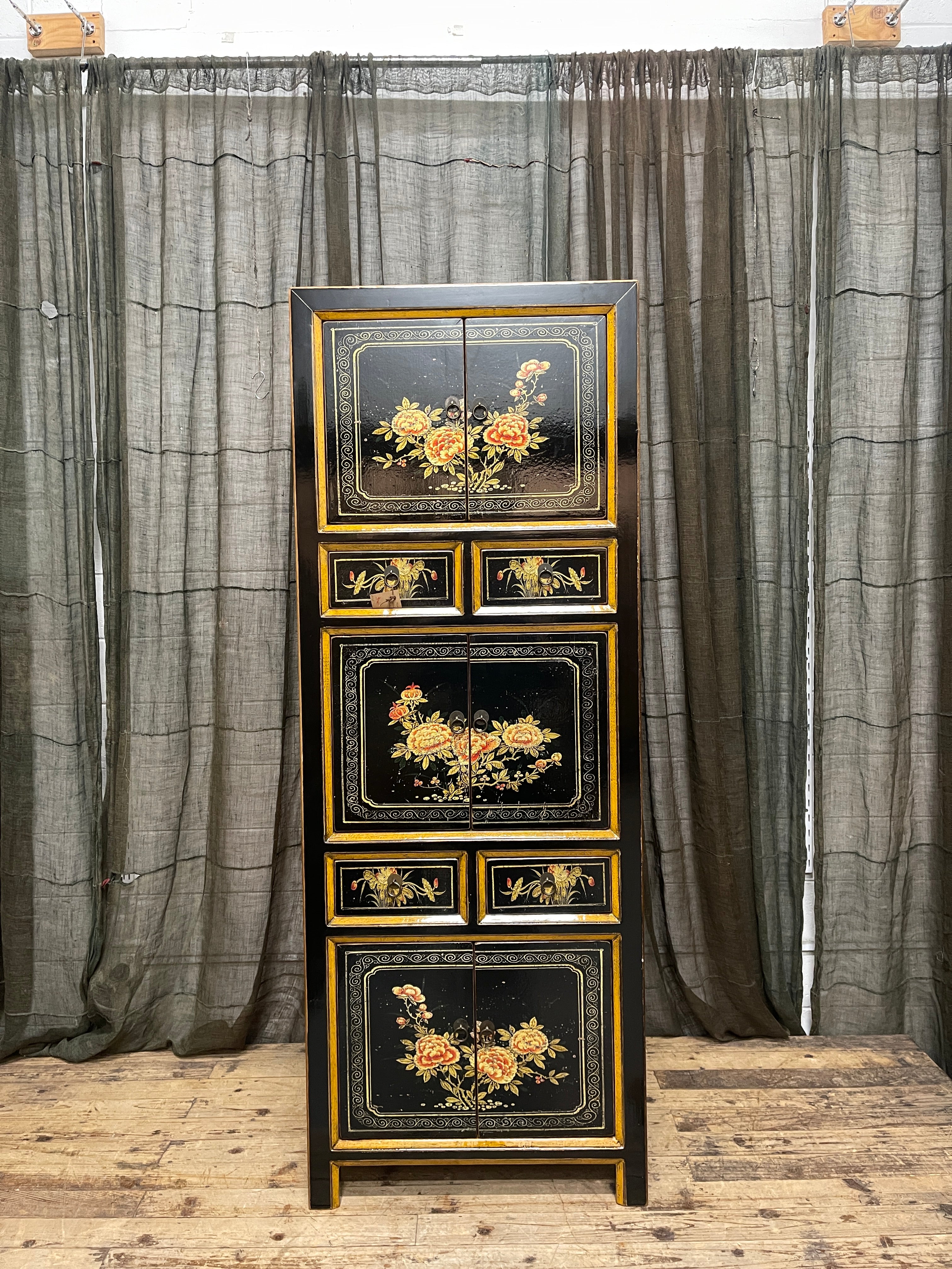 Provincial Style Chinese Black Lacquered Tall Cabinet