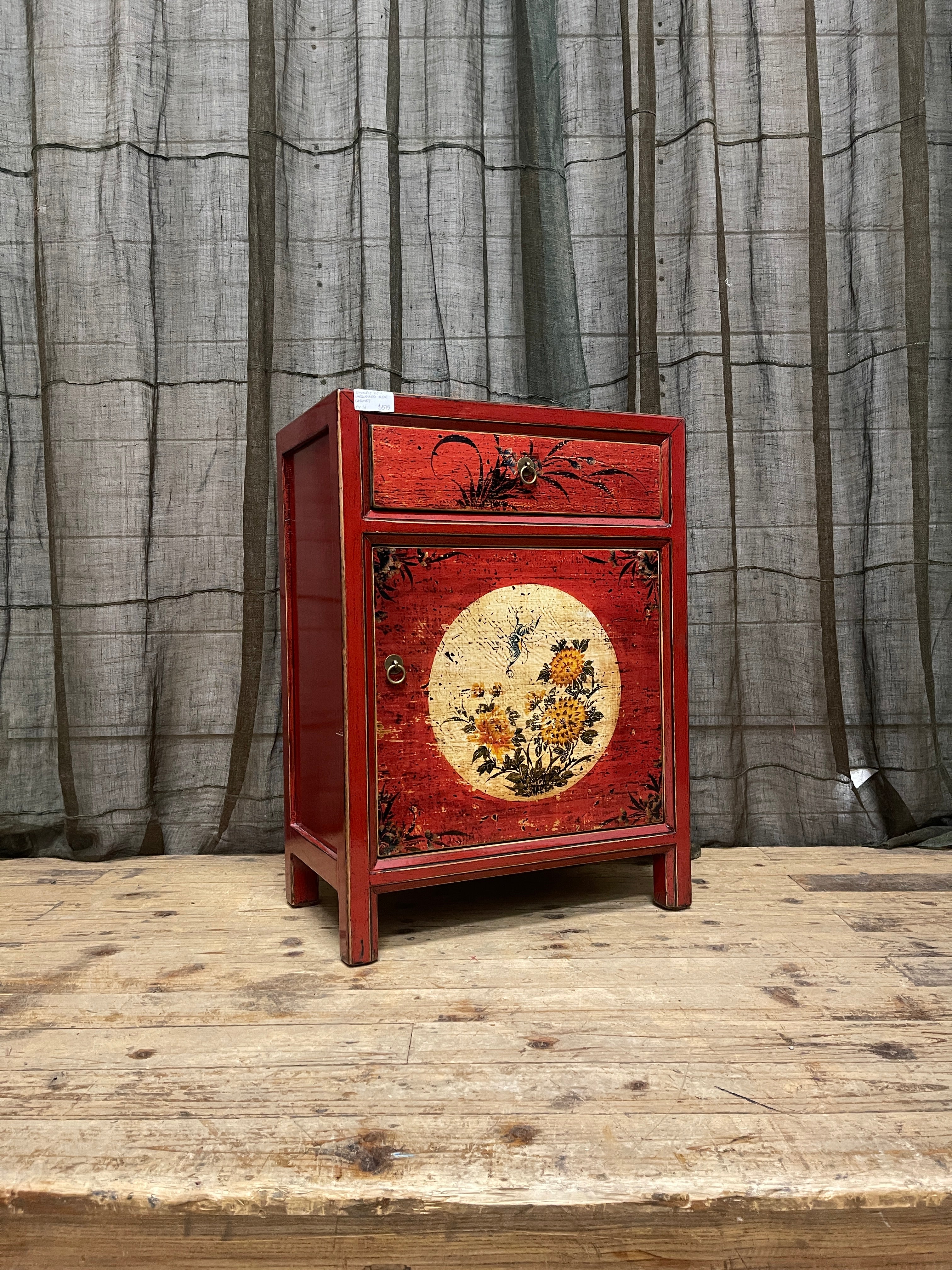 Chinese Red Lacquered Side Cabinet, Floral Motif