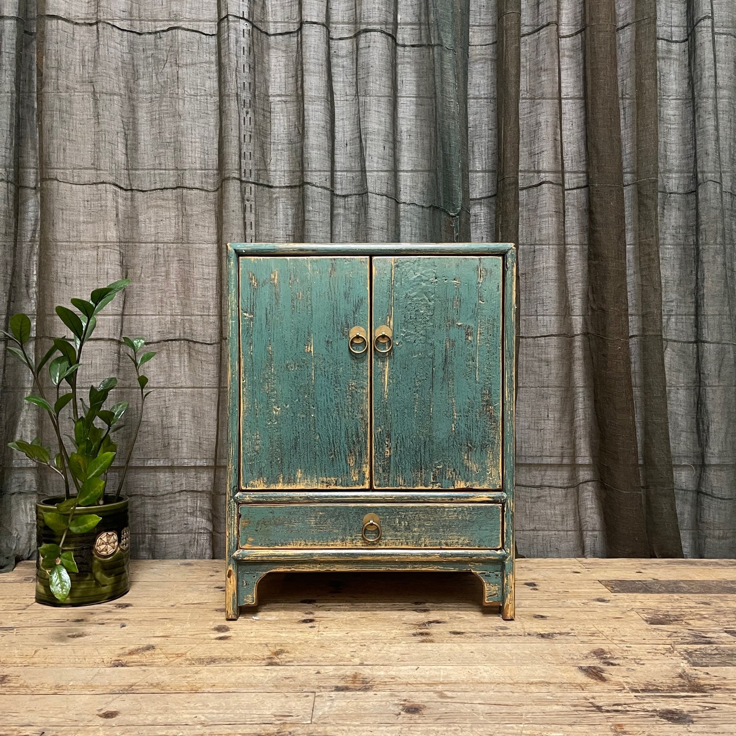 Provincial Style Chinese Teal Lacquered Side Cabinet