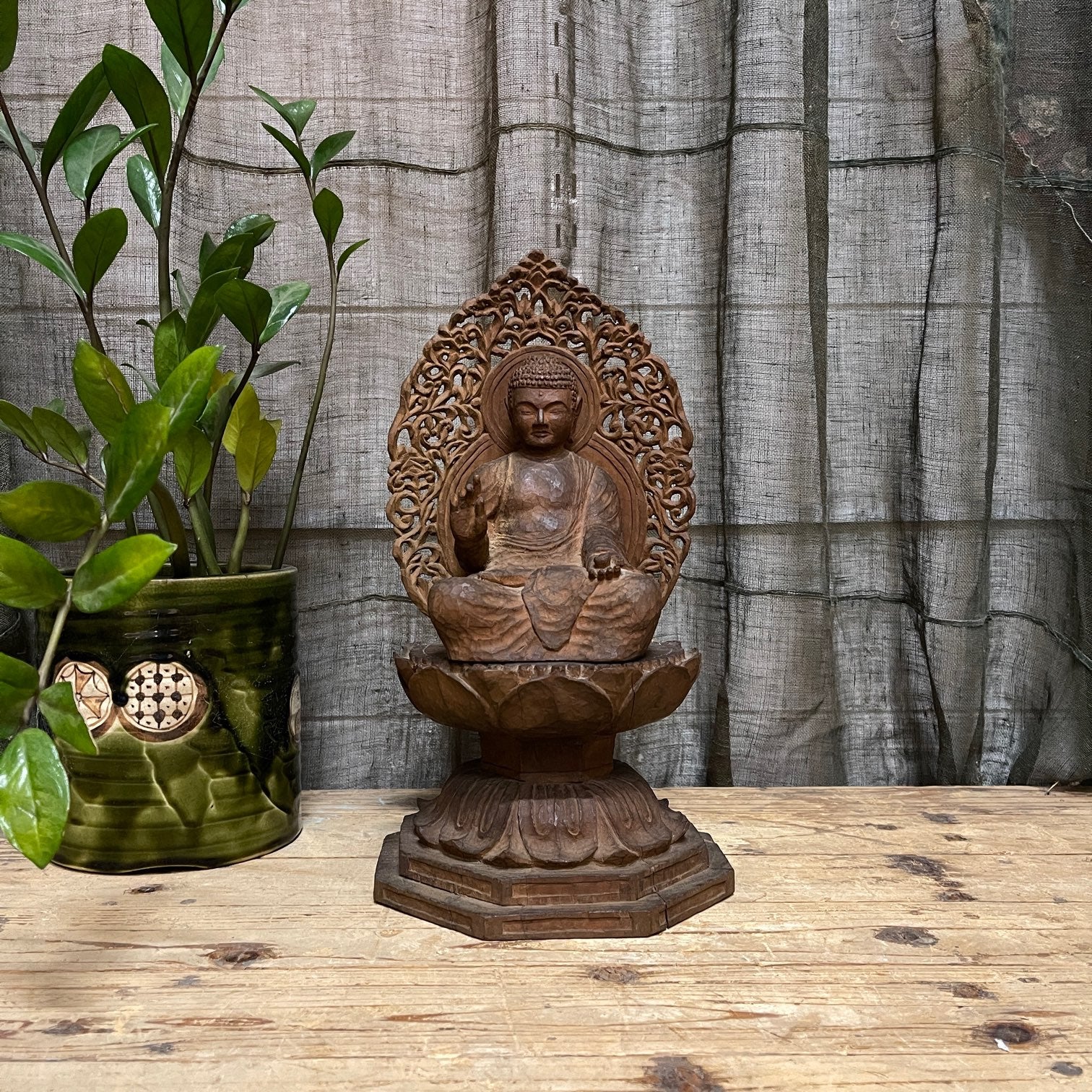 Vintage Japanese Seated Buddha - Carved Wood | 1950's