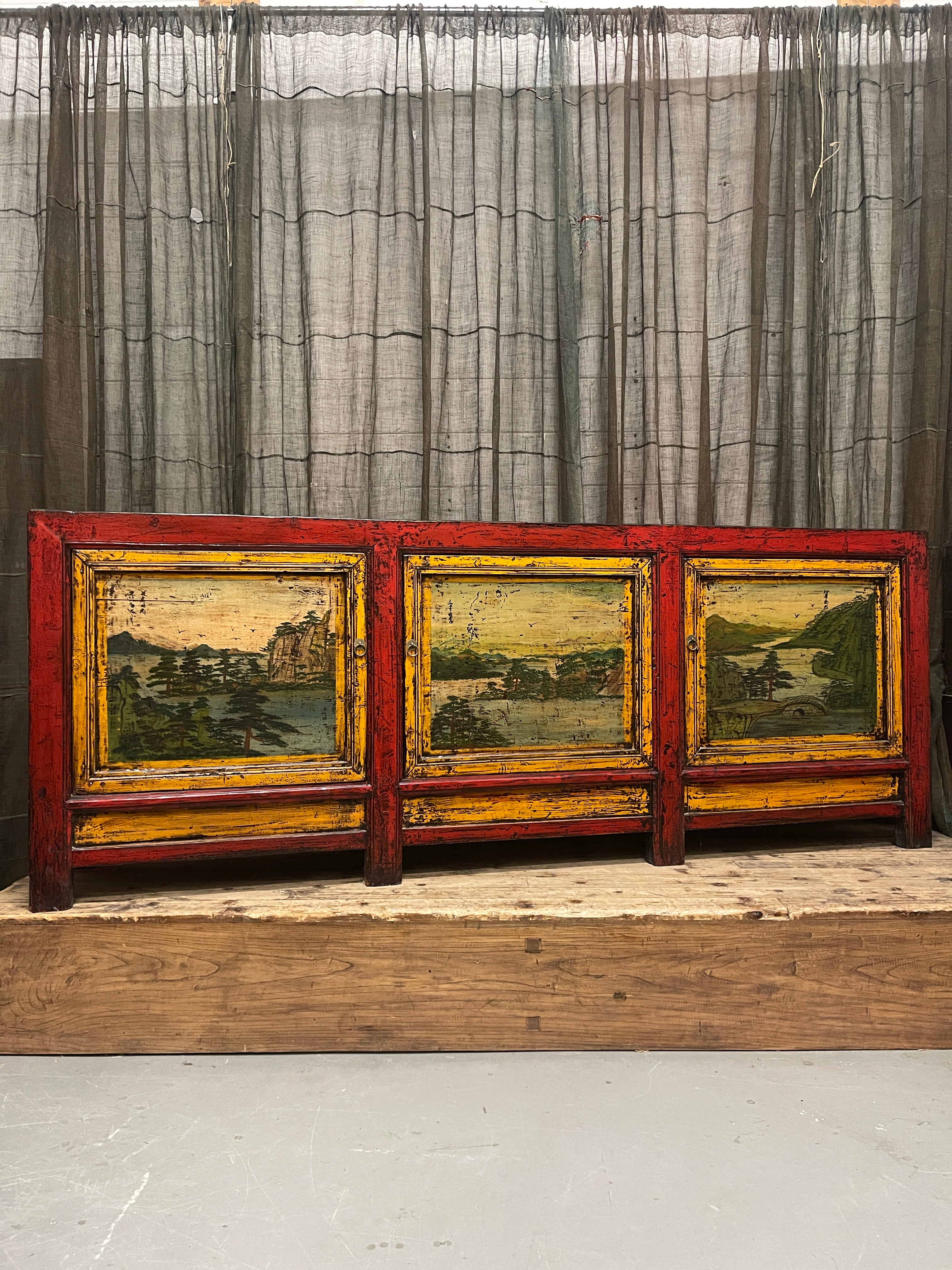 Antique Chinese Sideboard, Original Painted Finish, Landscape Panels