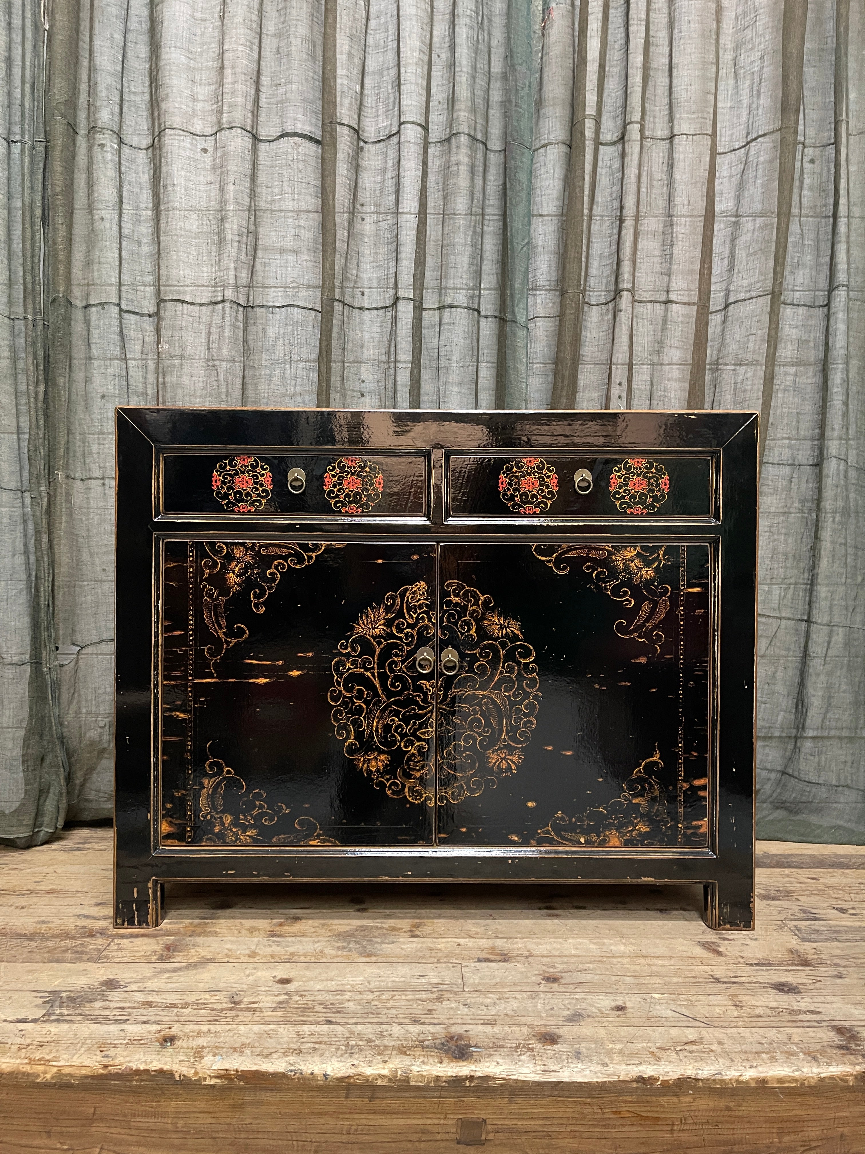 Chinese Black Lacquered Cabinet, Gold Floral Vine Motif