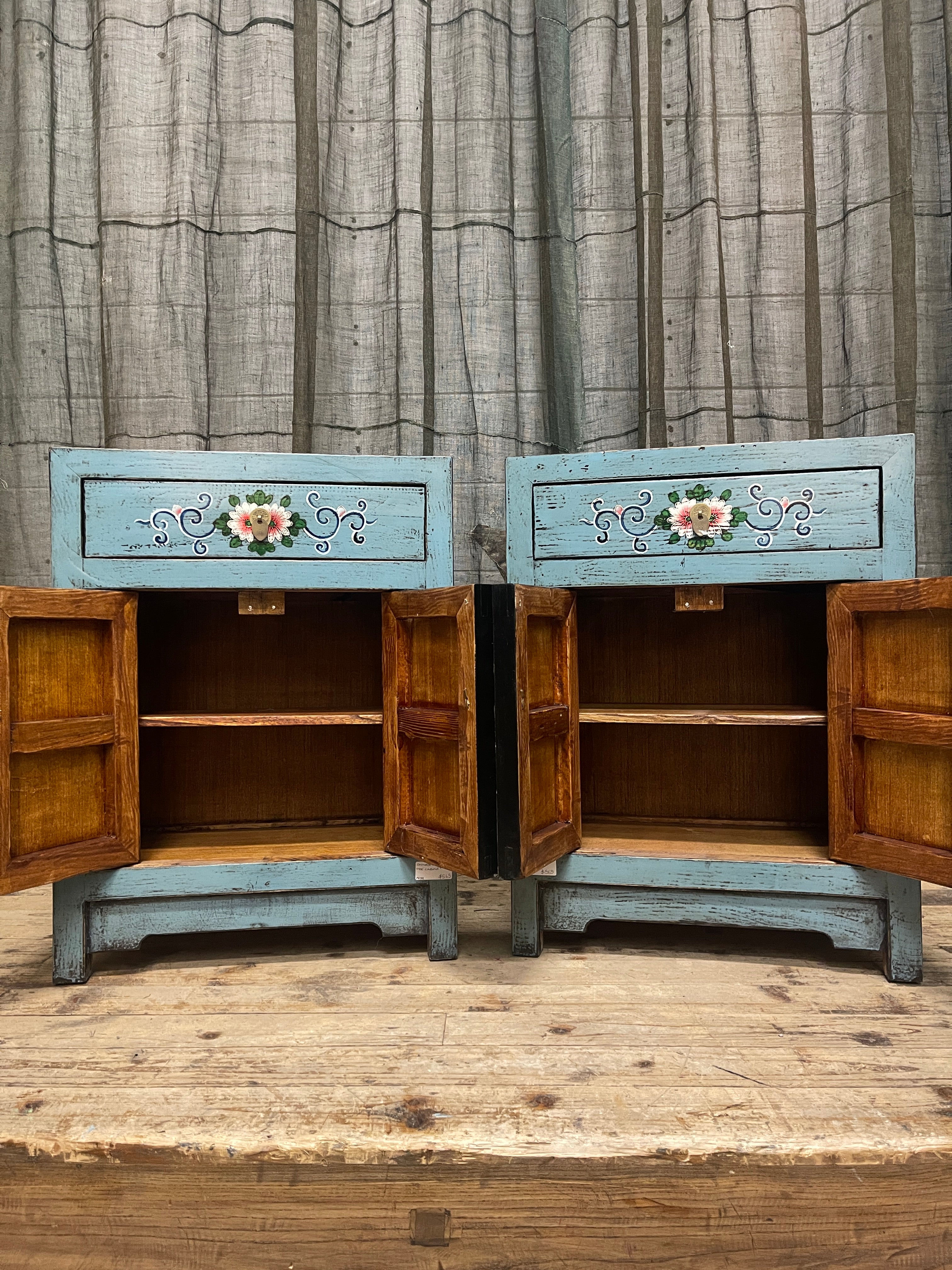 Chinese Blue Lacquered Side Cabinet, Floral Motif