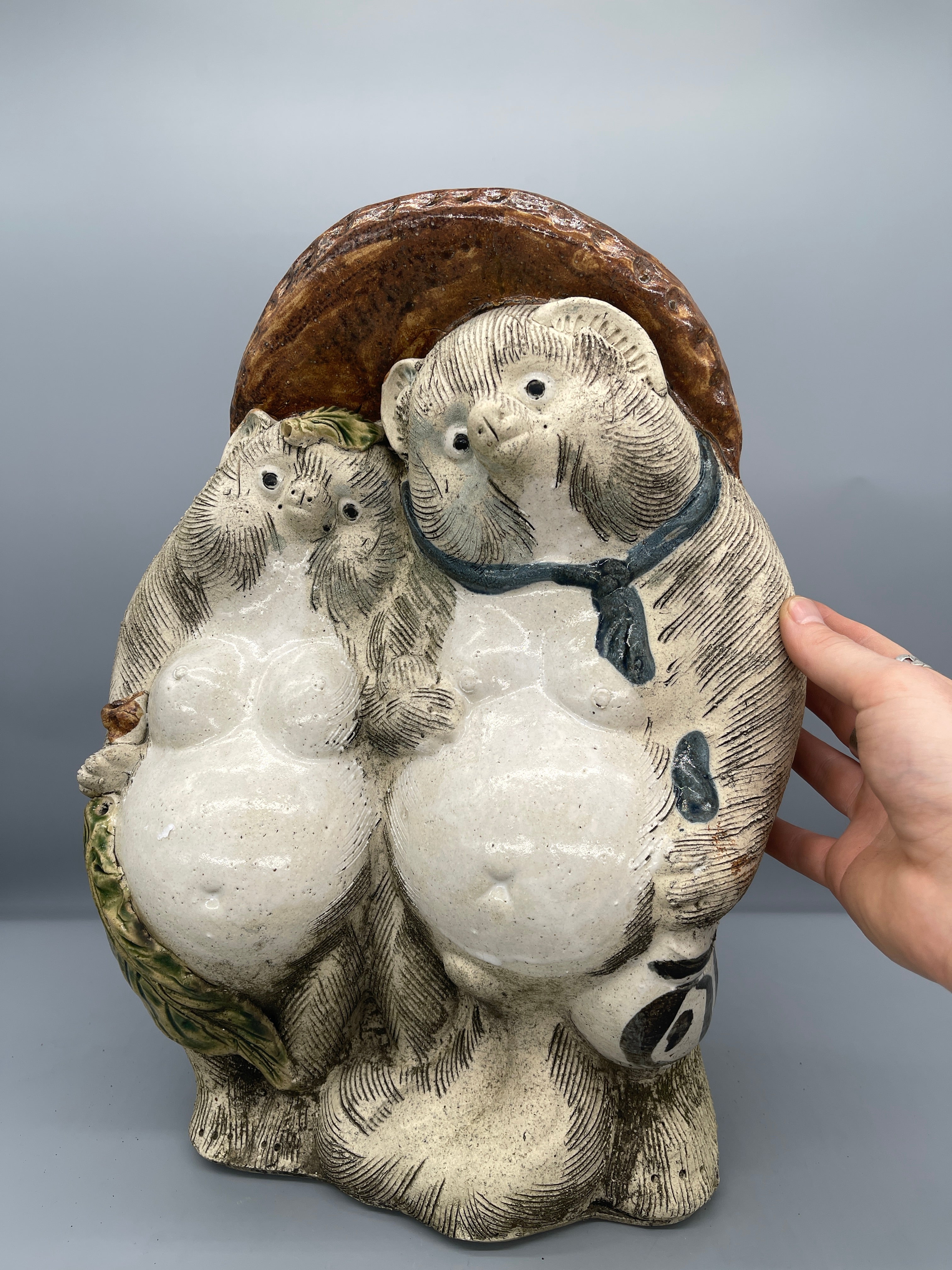 Vintage Tanuki Couple Statue, Hand-Crafted Pottery