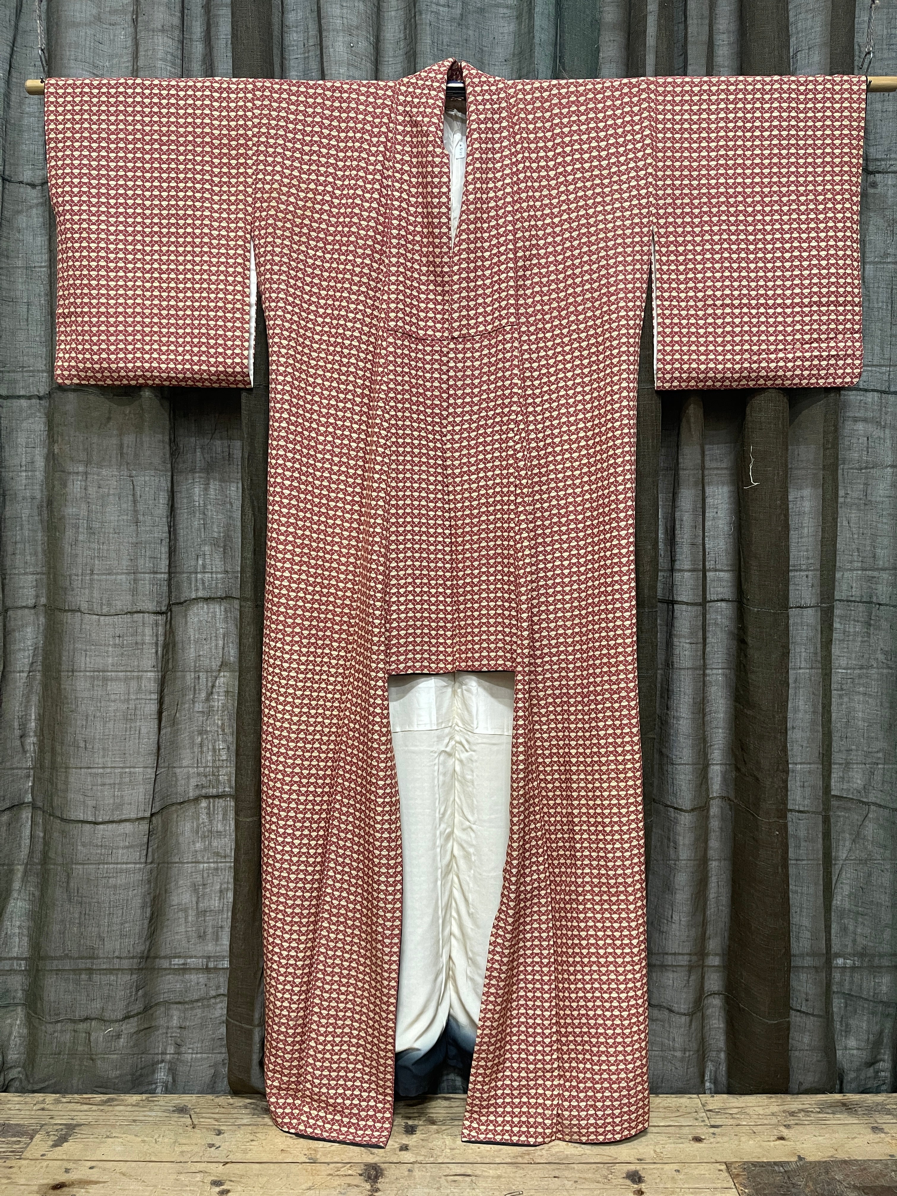 Vintage Japanese Silk Kimono | Red Fan Pattern