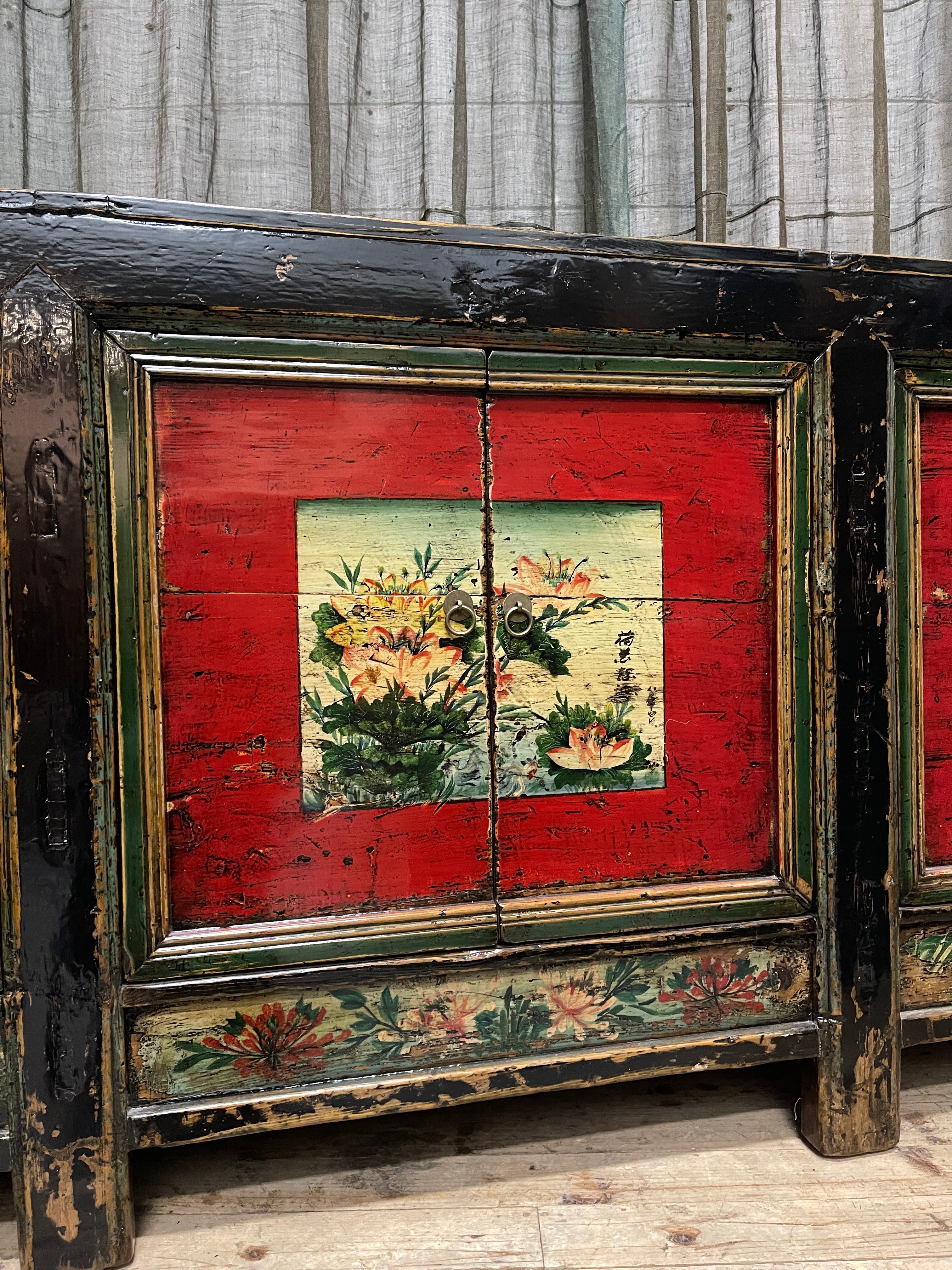 Antique Chinese Sideboard, Original Painted Finish, Floral Panels