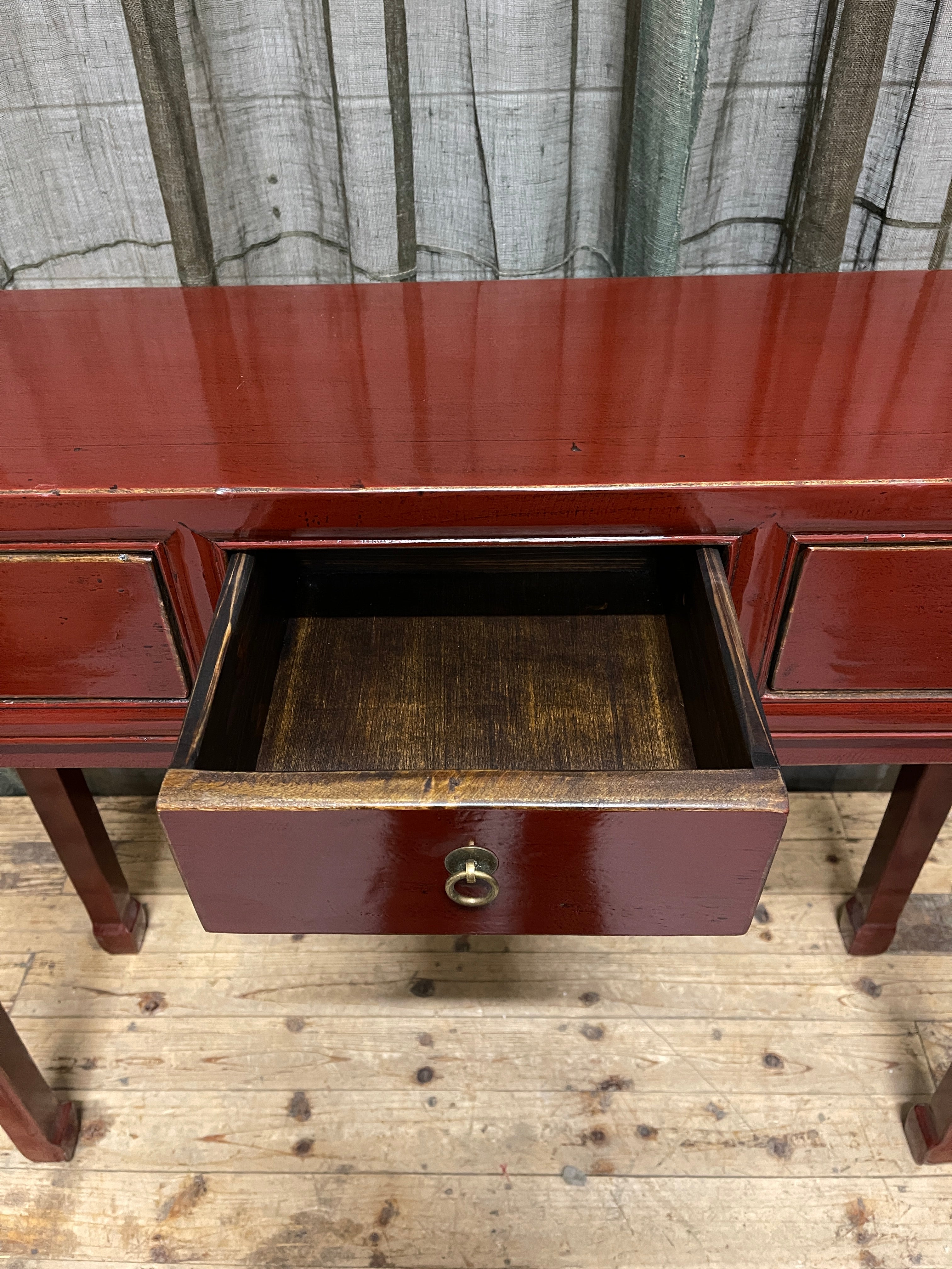 Chinese Red Lacquered Hall Table, 3 Drawer