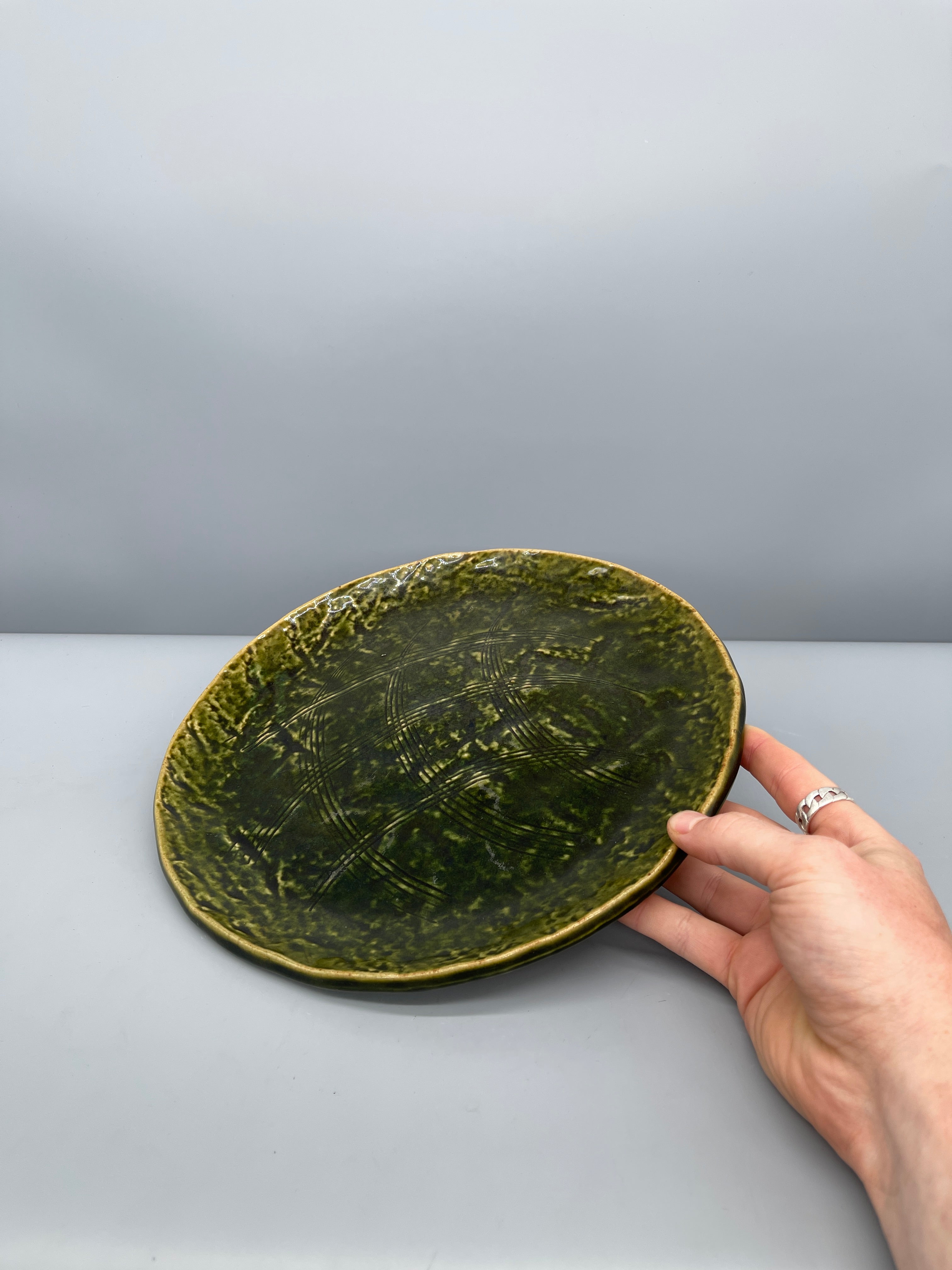 Vintage Japanese Flat Serving Plate, Oribe Green Glaze