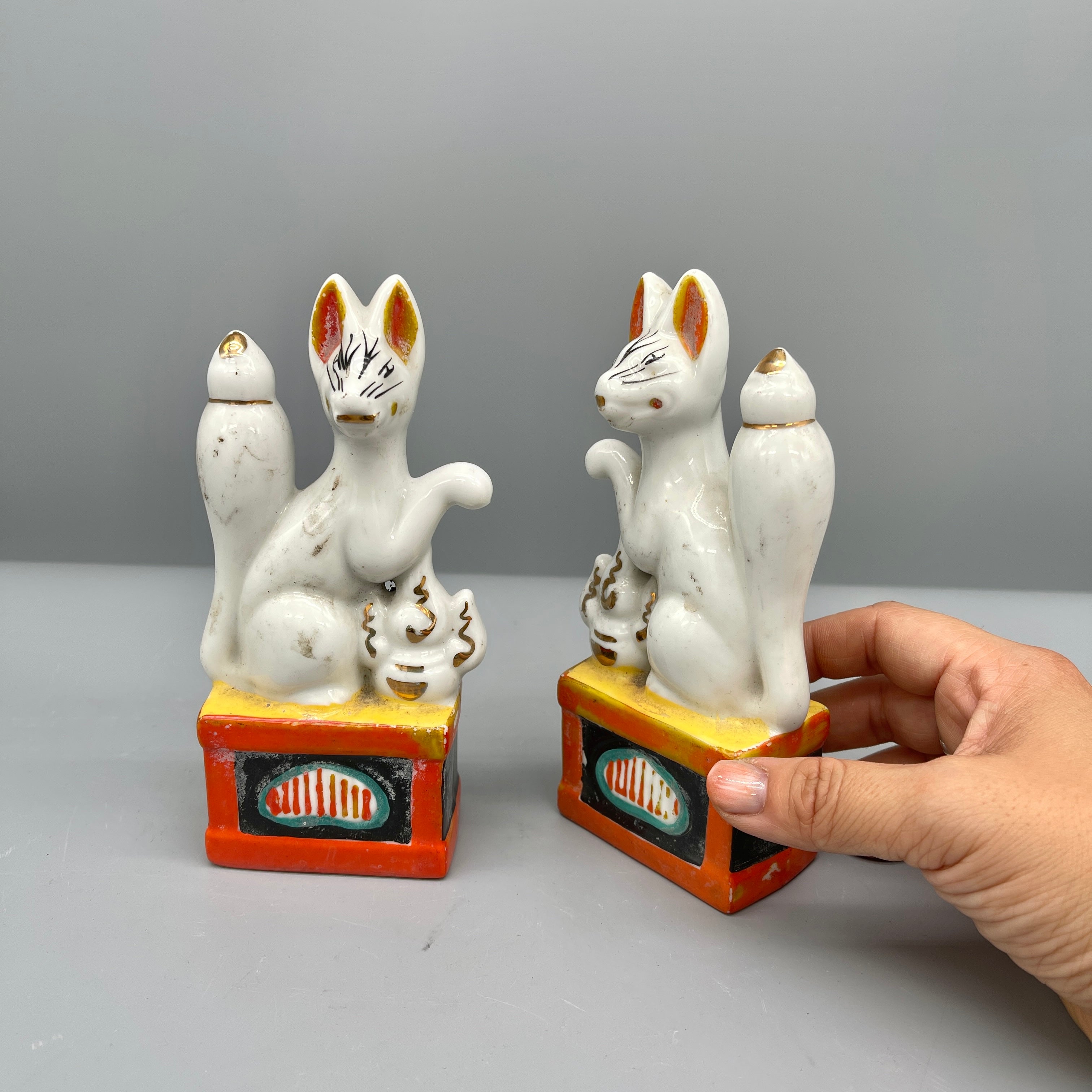 Pair of Vintage Japanese Porcelain Kitsune Statues