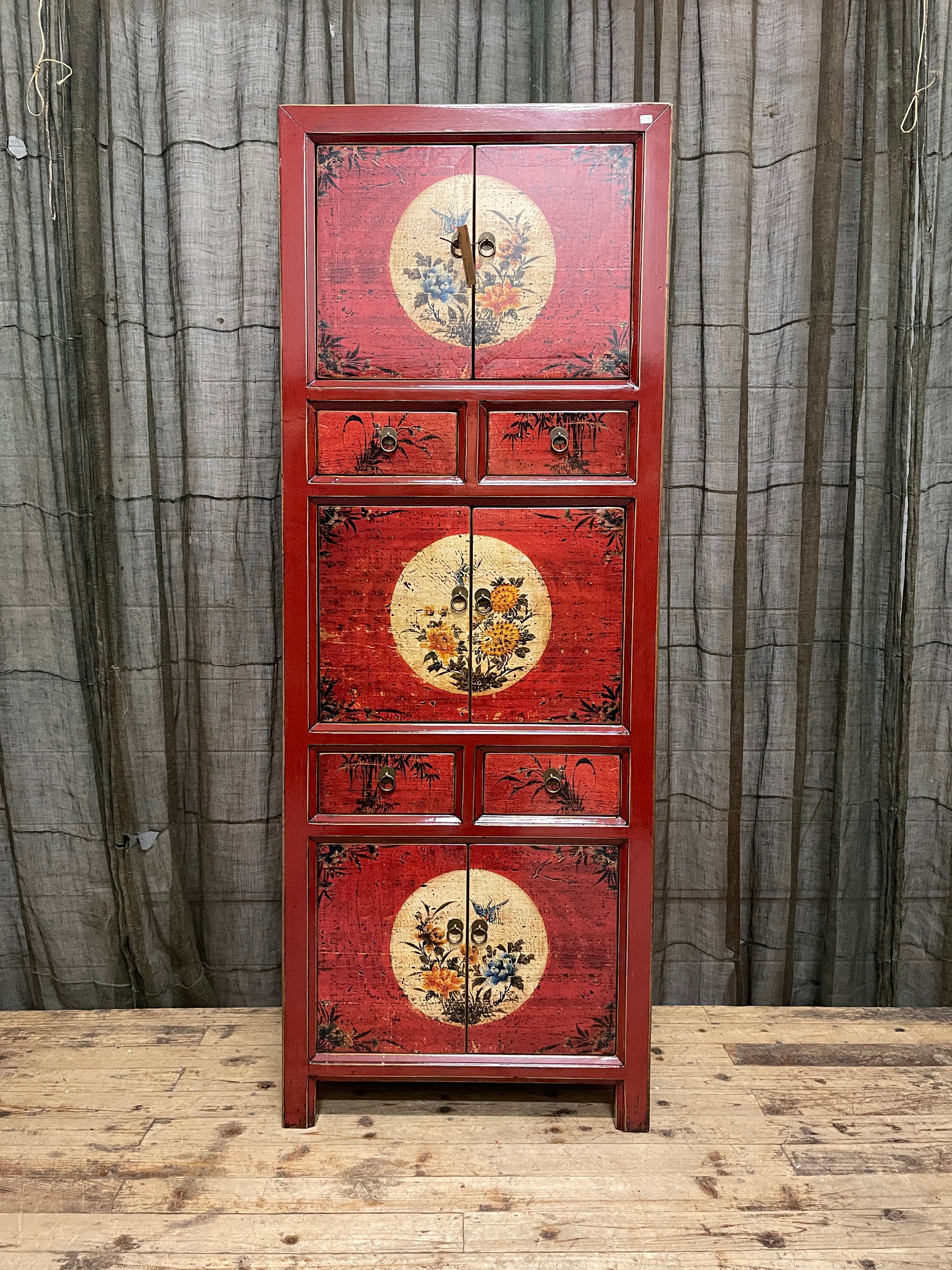 Chinese Red Lacquered Storage Cabinet, Floral Medallion