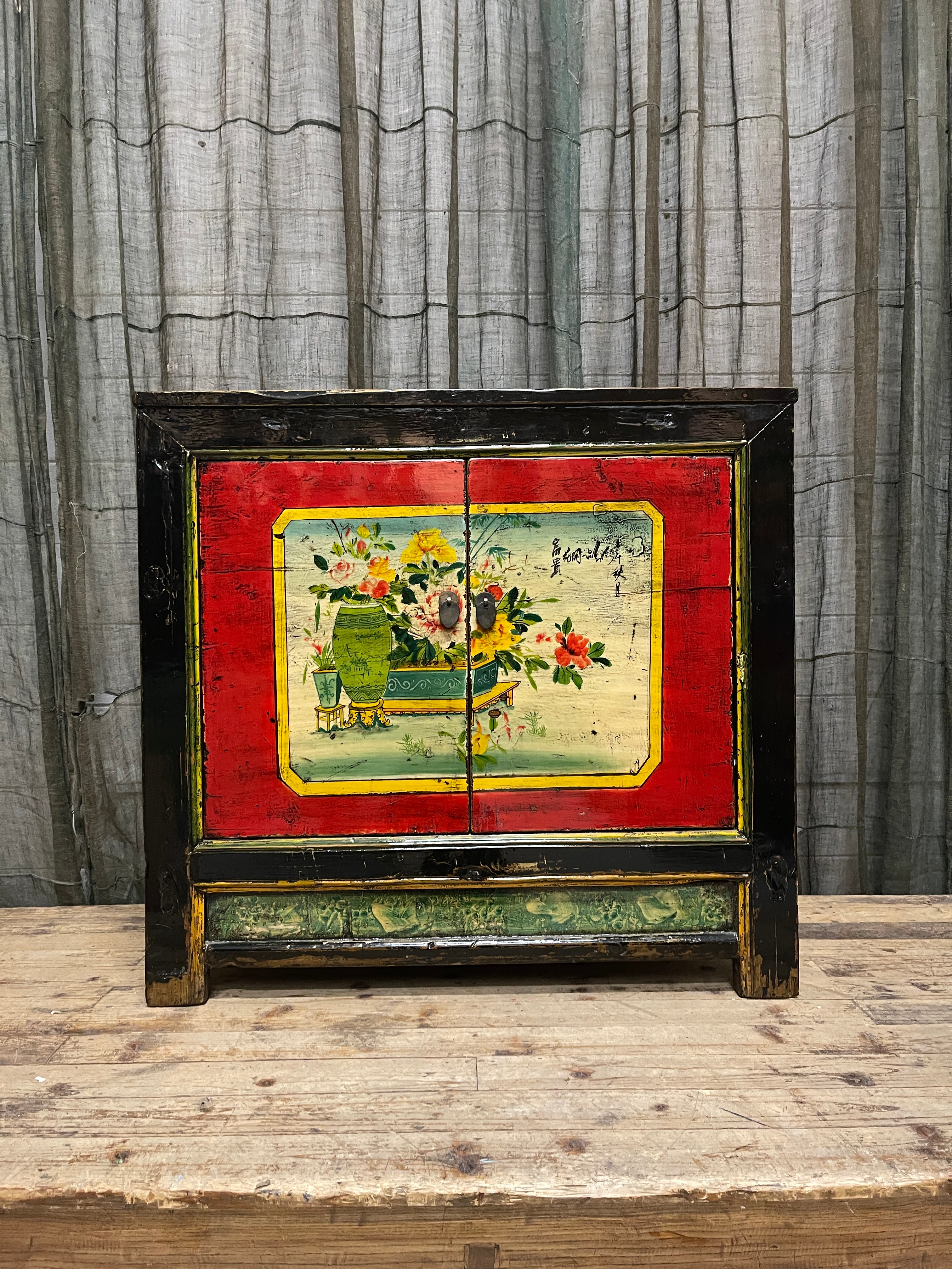 Antique Chinese Painted Cabinet, Original Finish, Vase & Floral Still Life