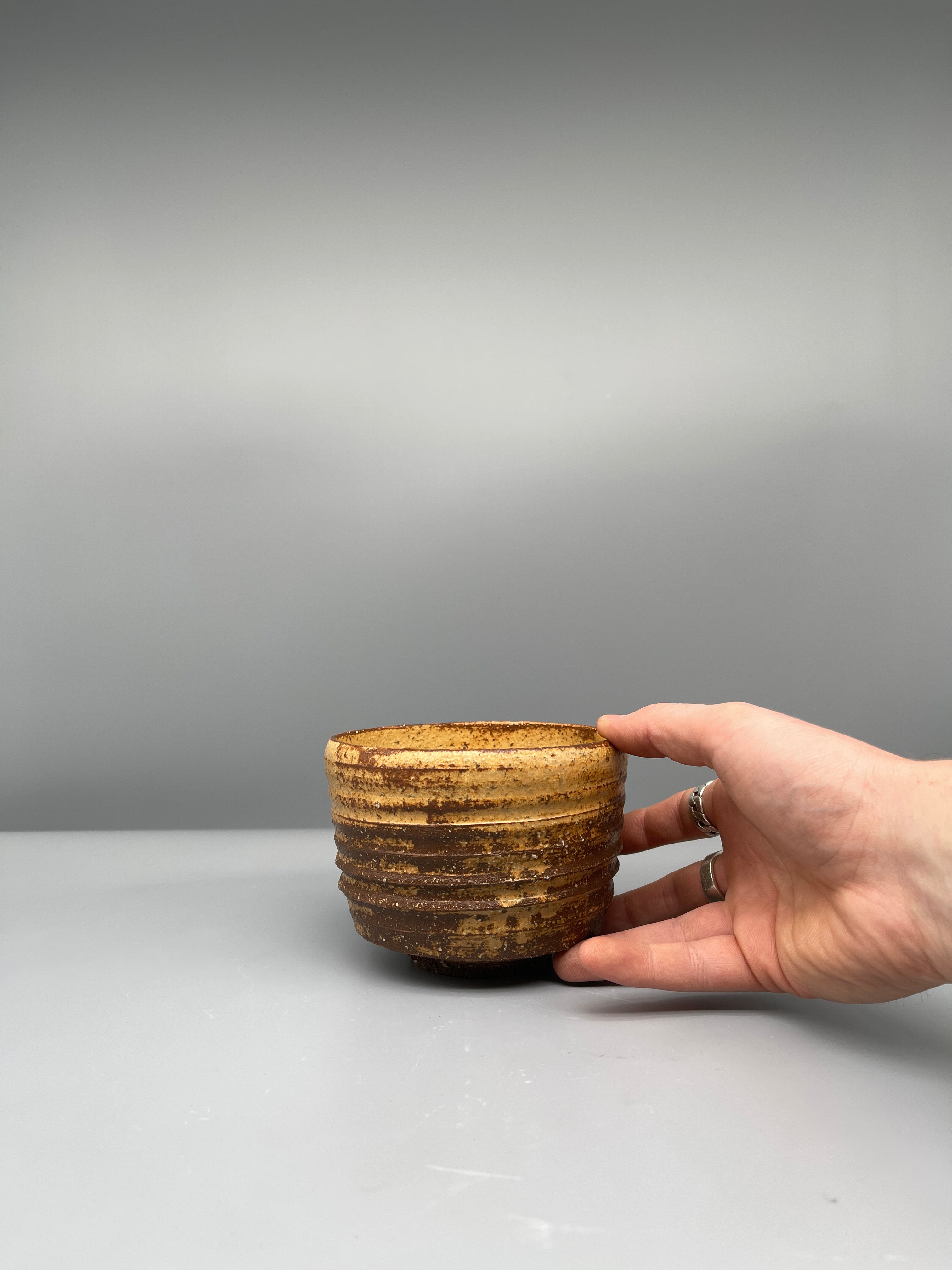 Vintage Japanese Chawan Tea Bowl - Stoneware, Ribbed Ash Glaze