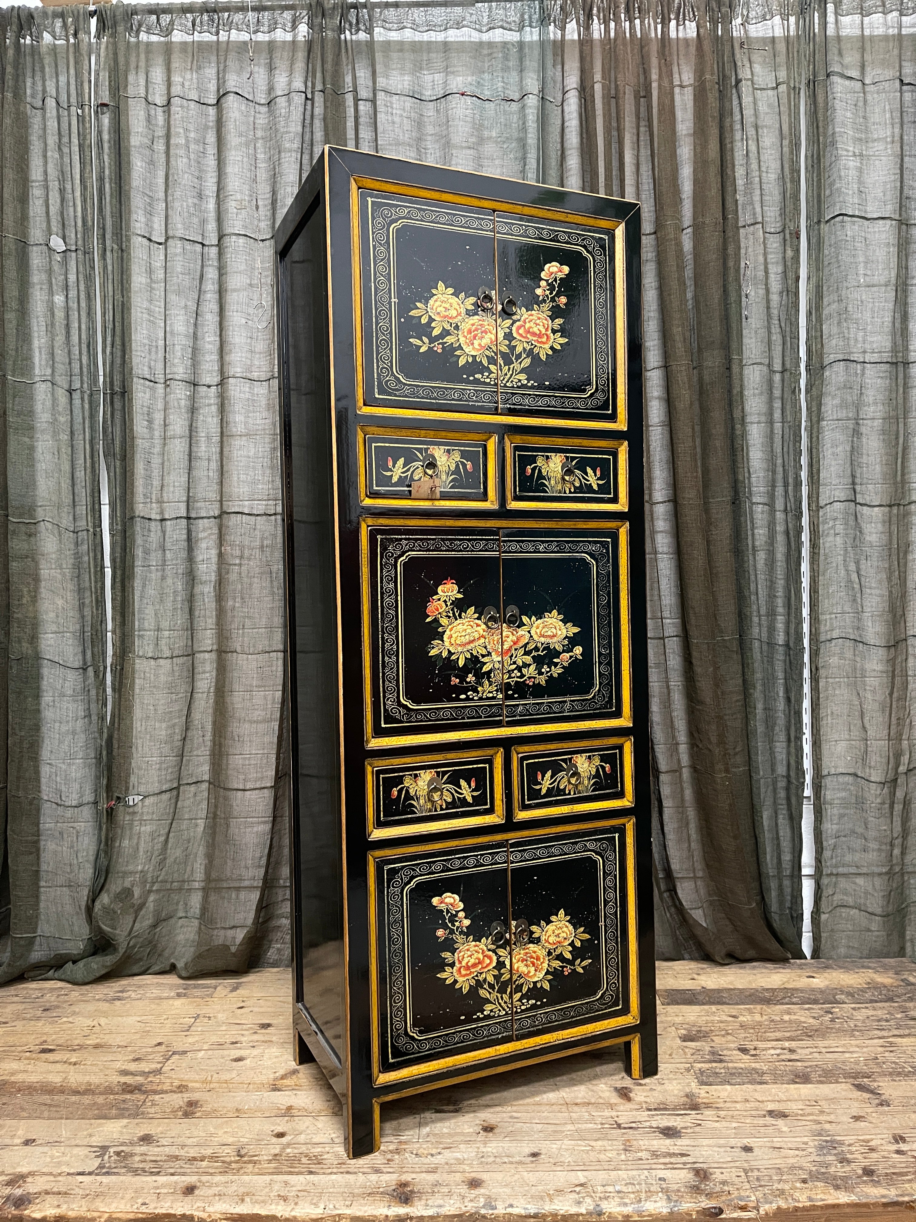Provincial Style Chinese Black Lacquered Tall Cabinet