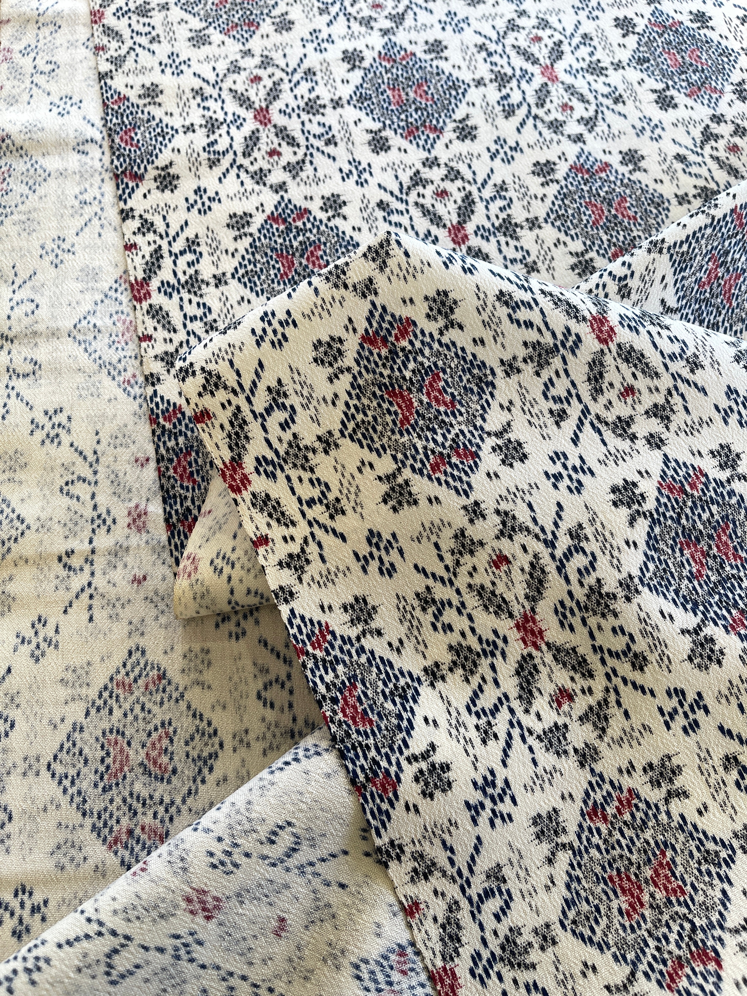 Japanese Wool Fabric, White with Geometric and Floral Pattern