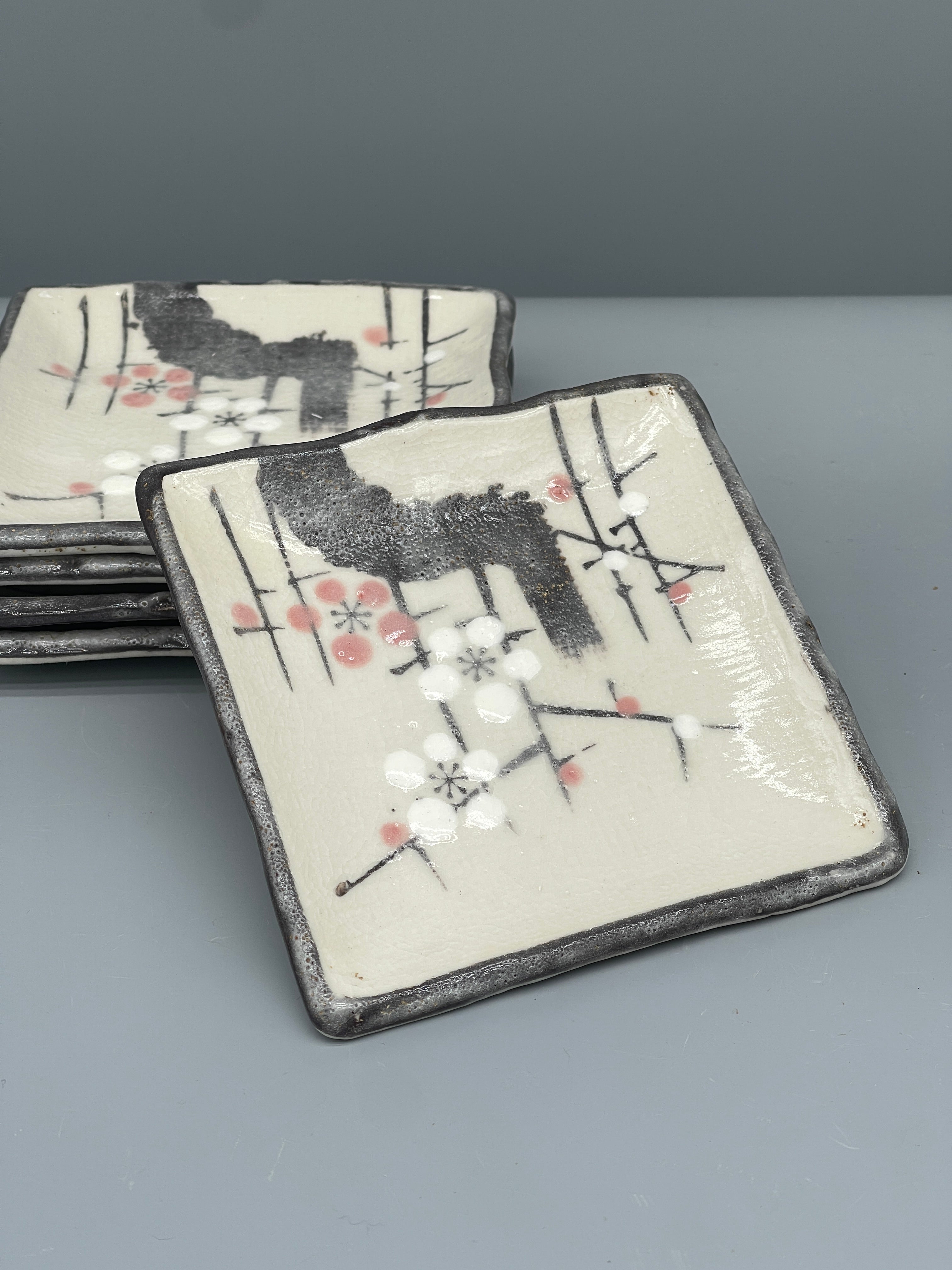 Set of Five Square Vintage Japanese Side Plates - Blossom Motif