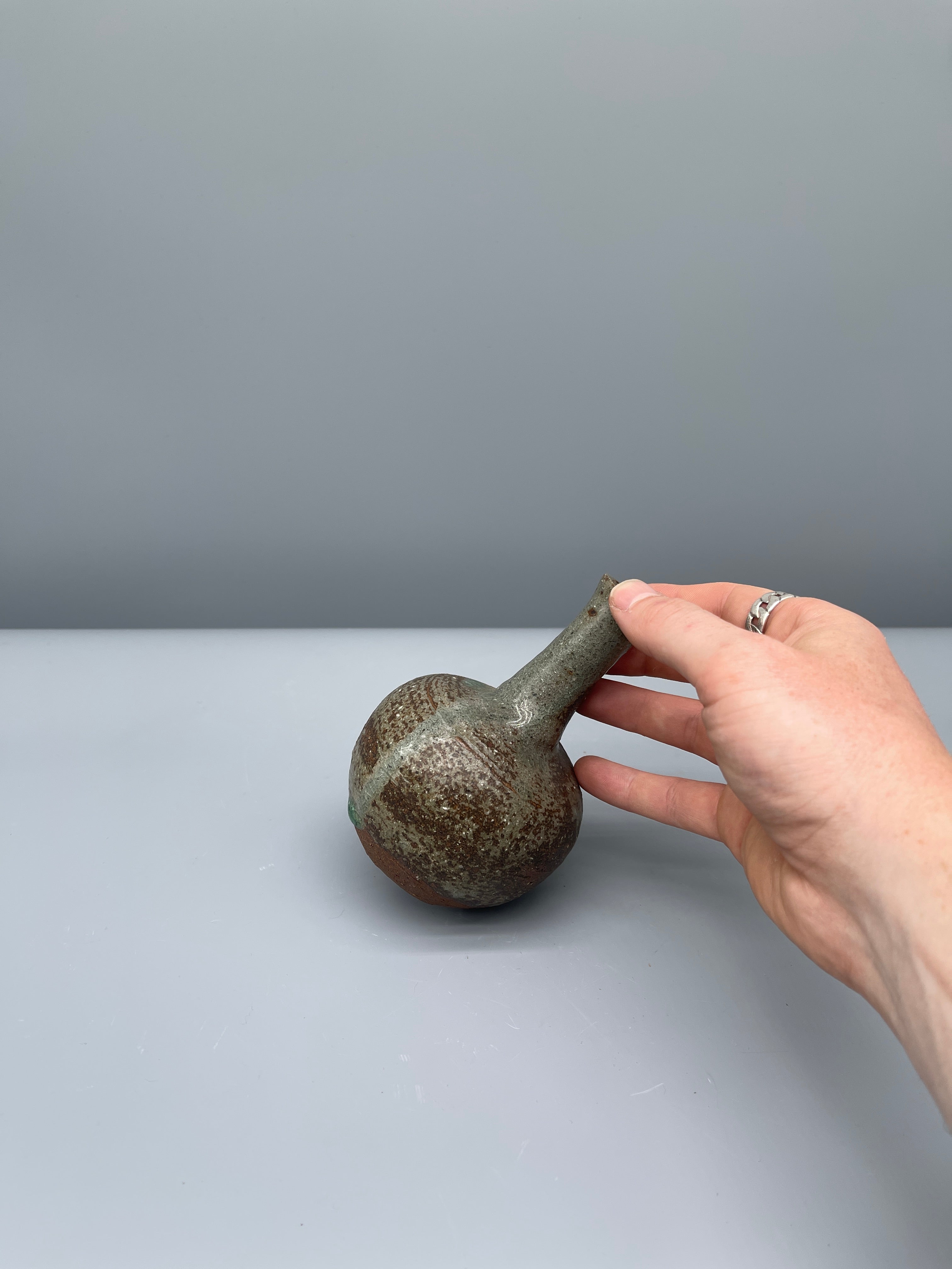 Small Vintage Japanese Round Vase - Textural Green Glaze