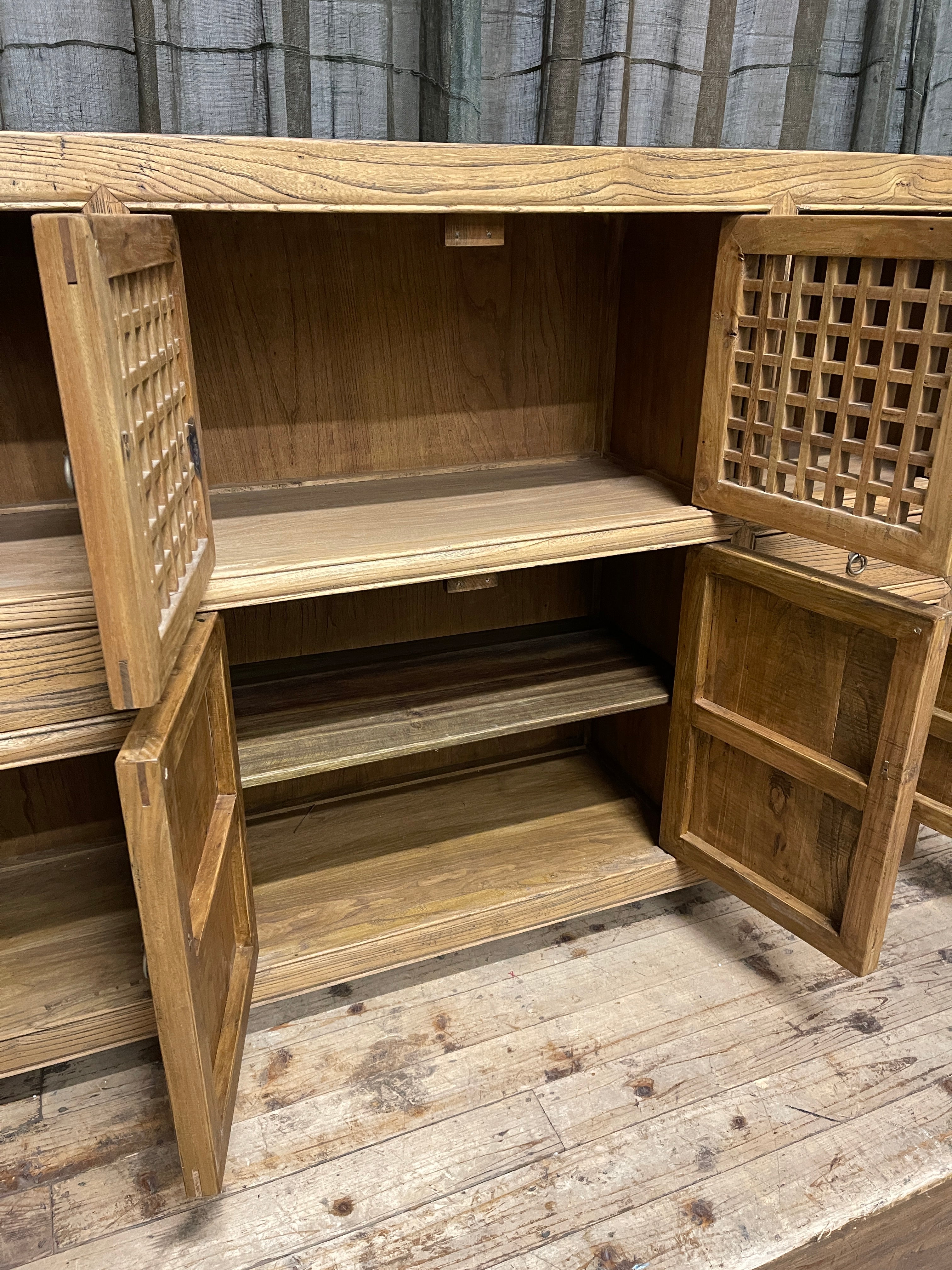 Chinese Recycled Elm Kitchen Cabinet, Lattice Doors